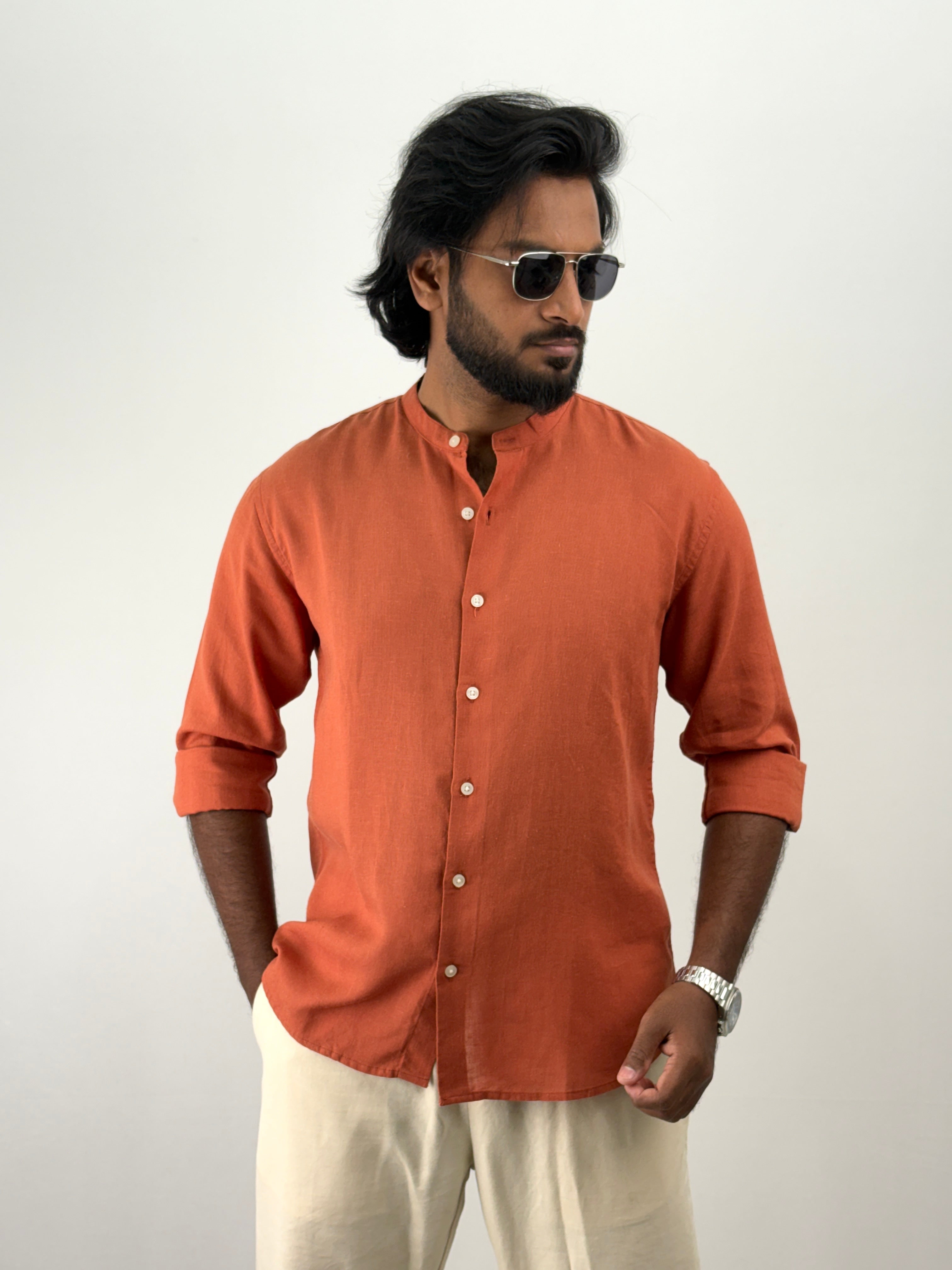 Rust Mandarin Collar Linen Shirt 1