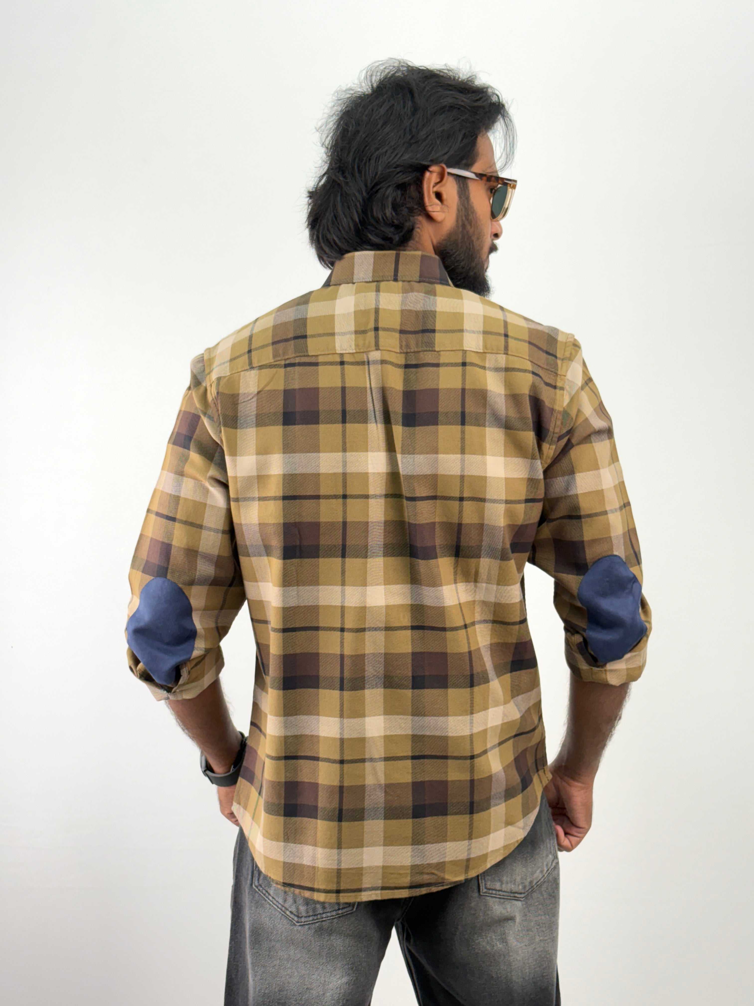 Khaki Elbow Patch Flannel Shirt