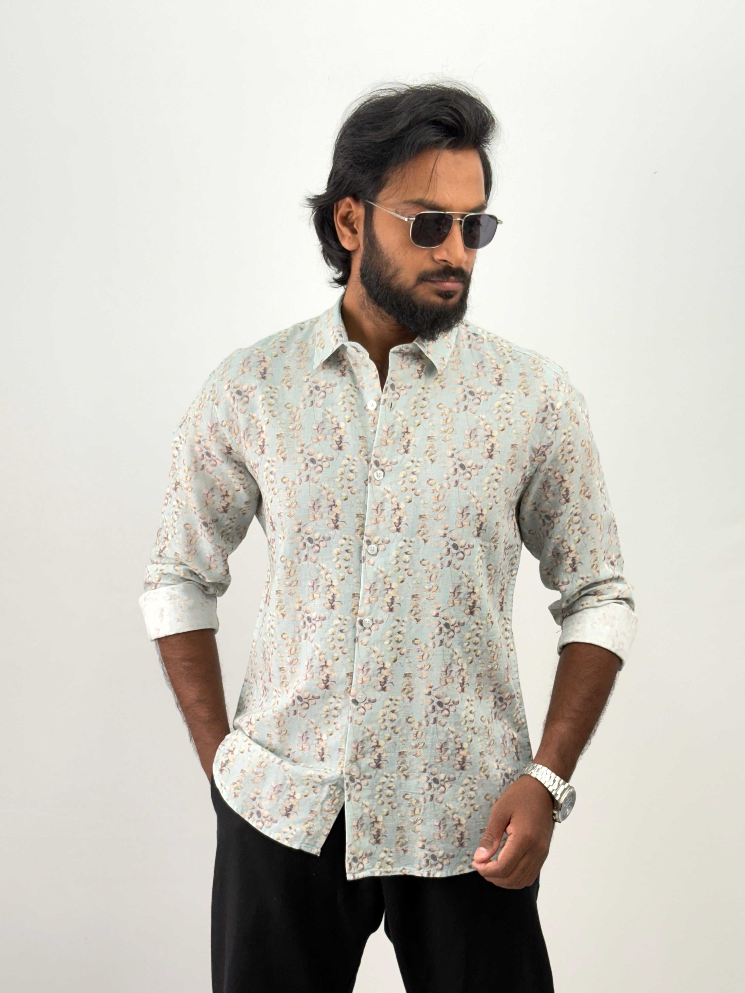 Light Green Linen Printed Shirt