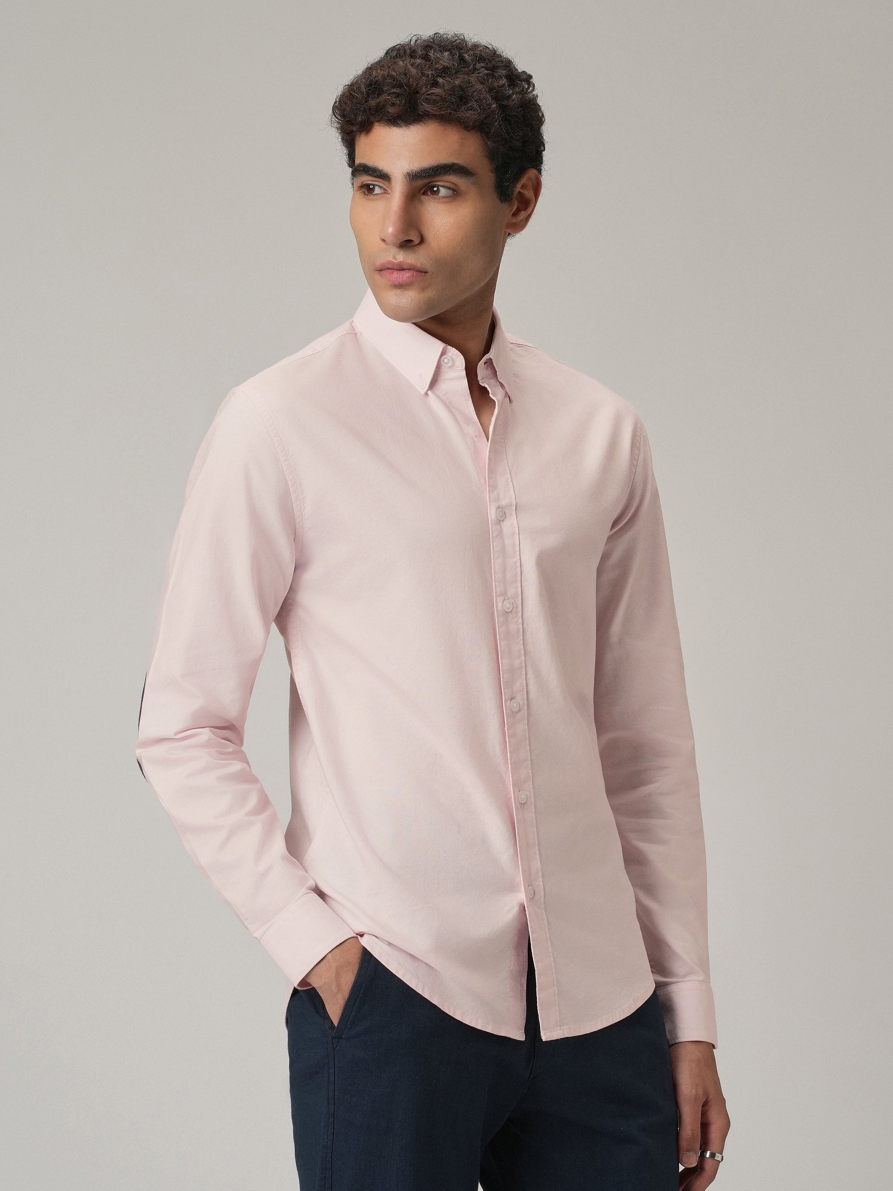 Light Pink Plain Elbow Patch Shirt