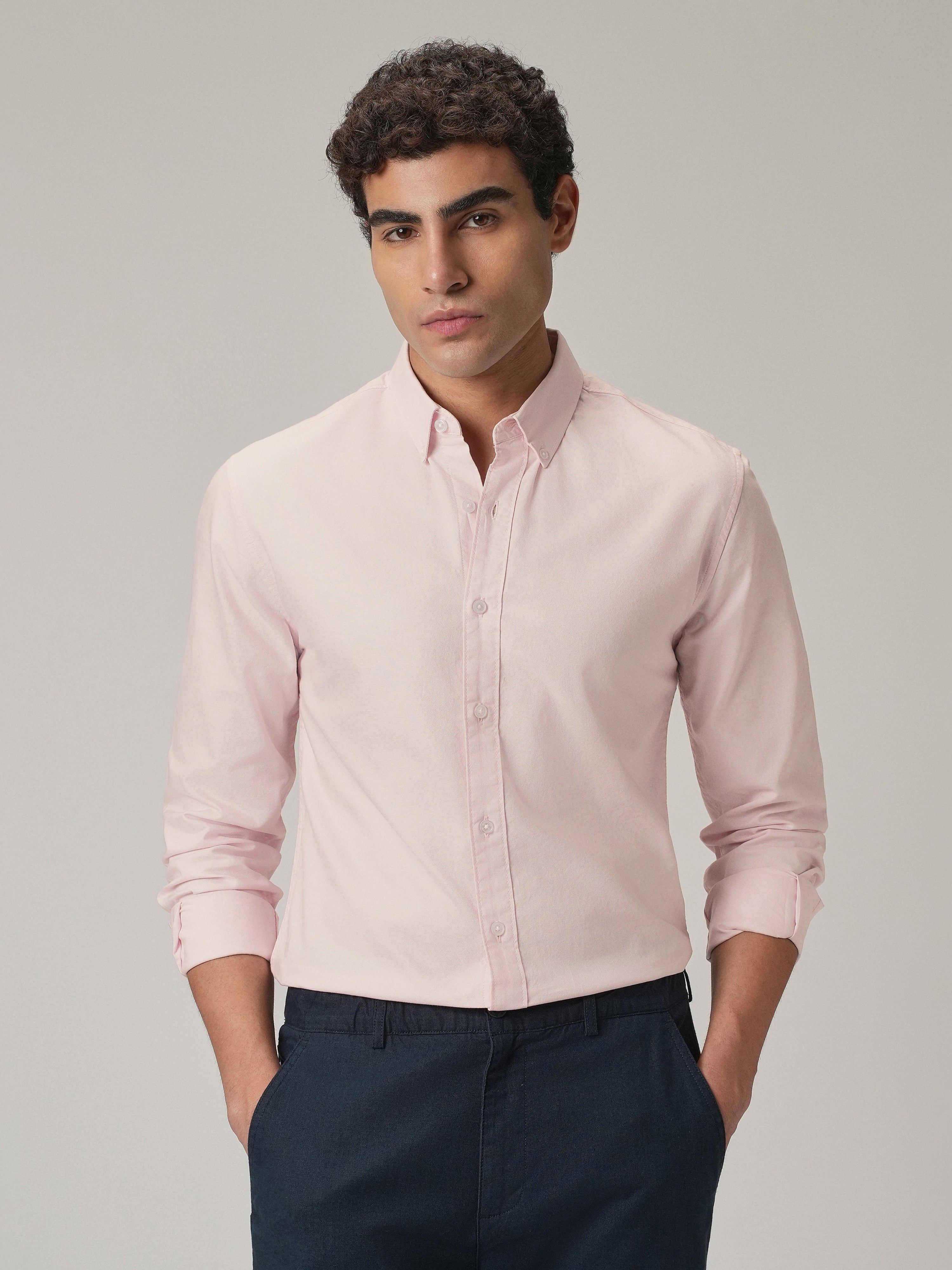 Light Pink Plain Elbow Patch Shirt