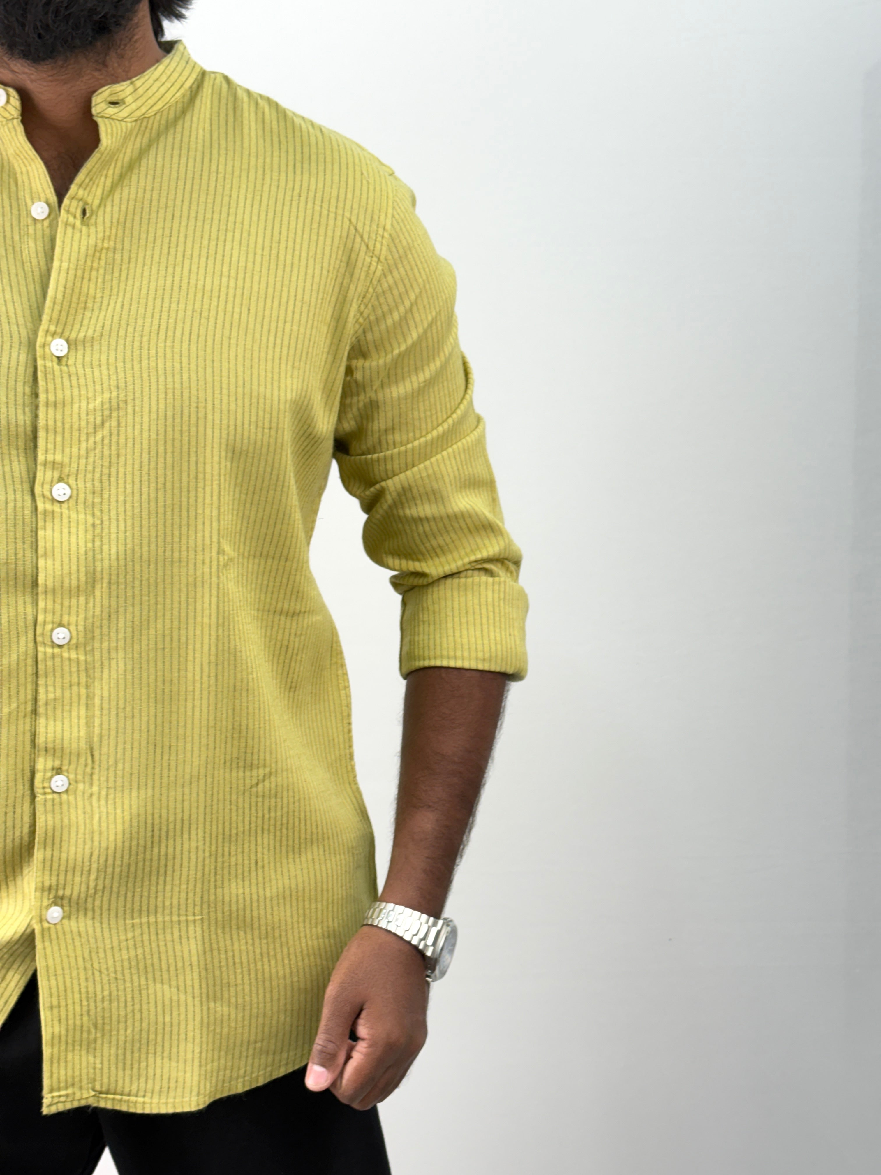 Lime Mandarin Linen Stripe Shirt