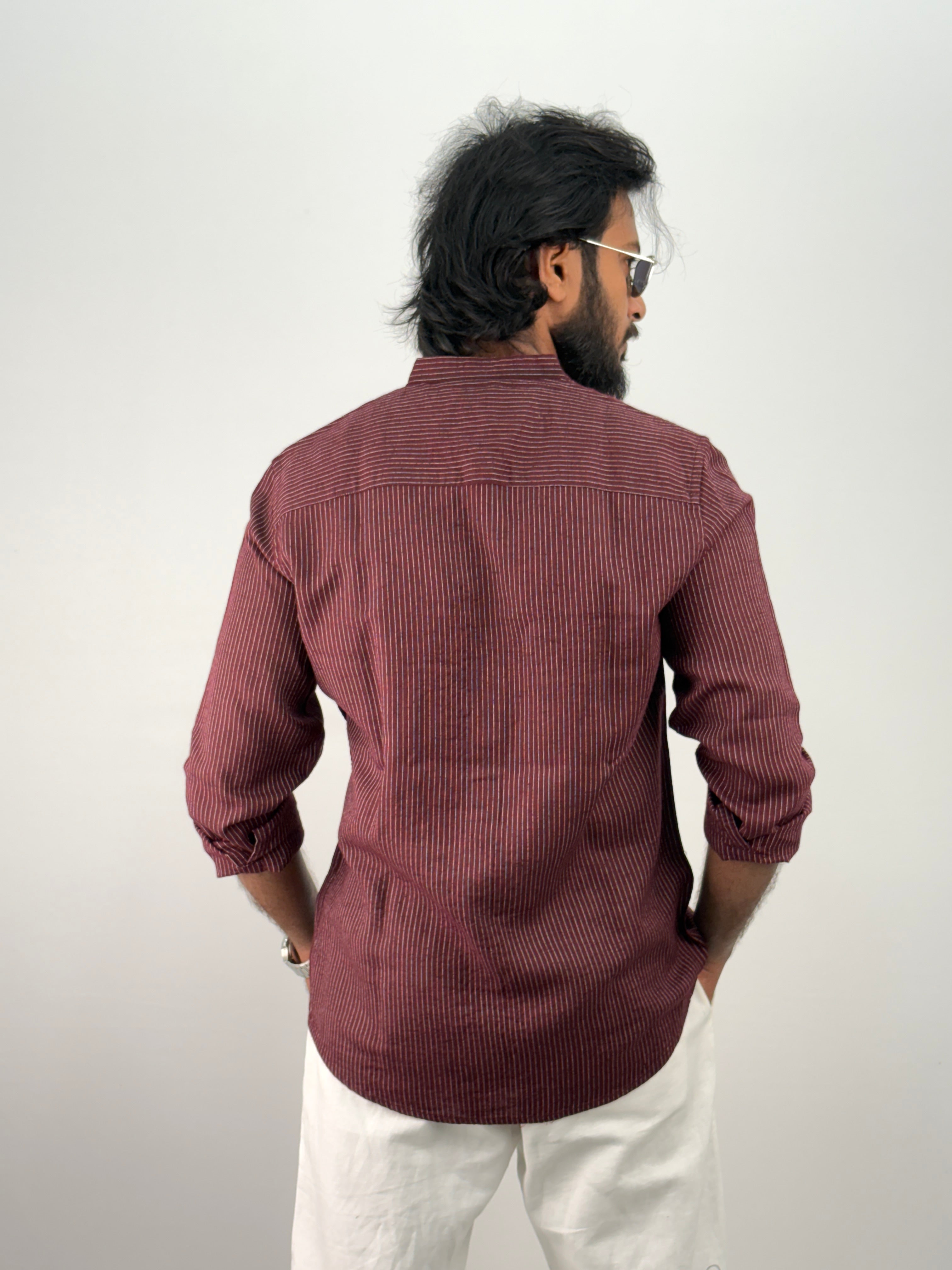 Maroon Mandarin Linen Stripe Shirt
