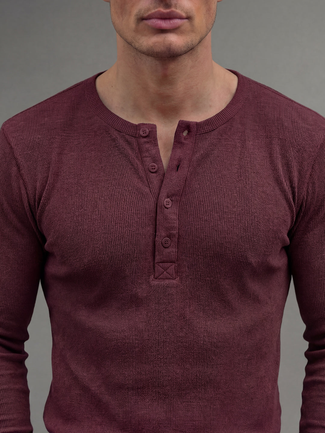 Maroon Ribbed Henley Long Sleeve T-Shirt