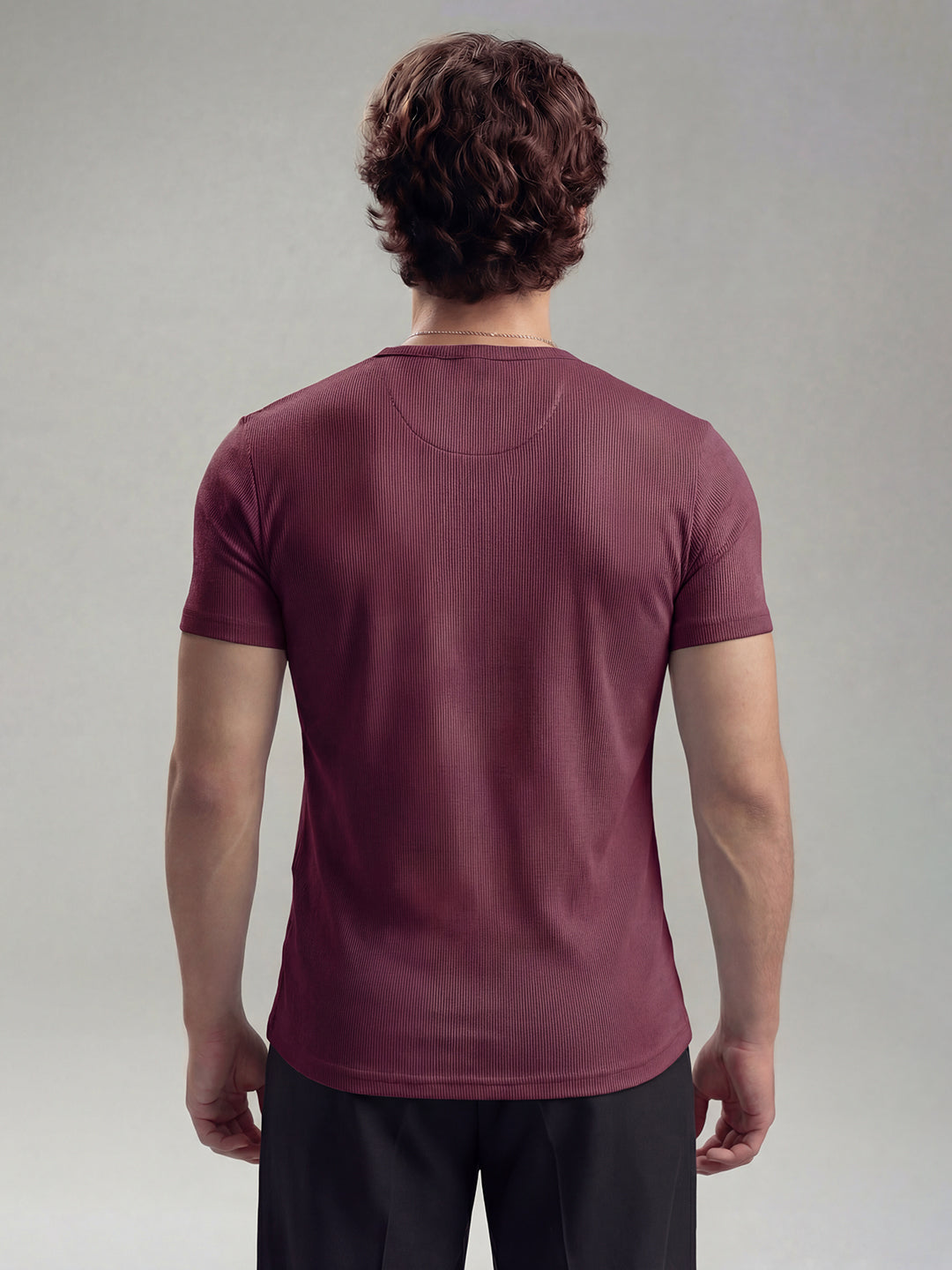Maroon Ribbed Henley Short Sleeves T-Shirt