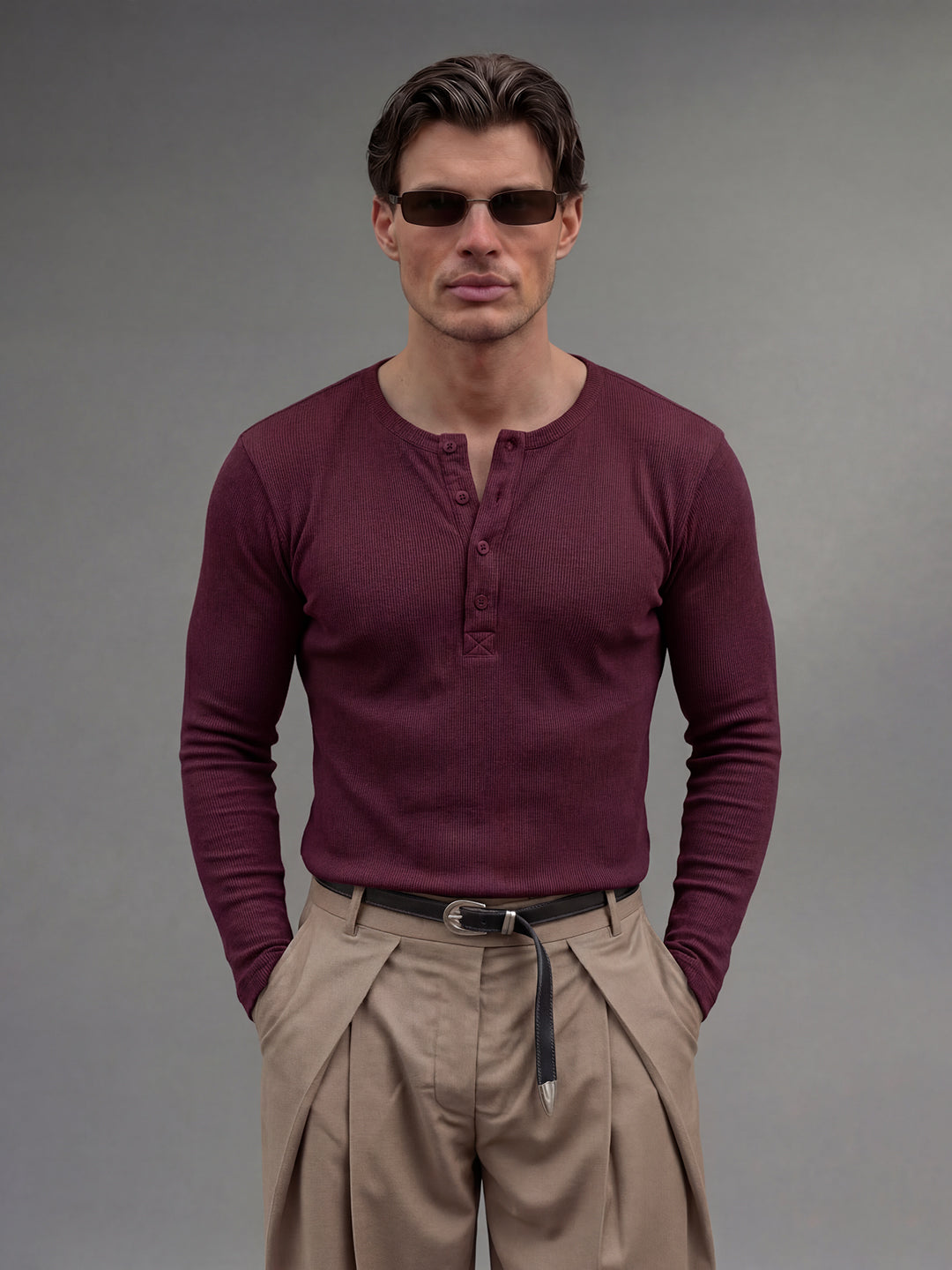 Maroon Ribbed Henley Long Sleeve T-Shirt