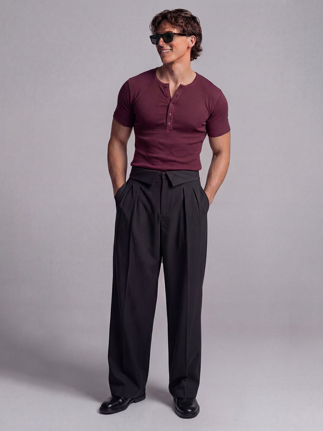 Maroon Ribbed Henley Short Sleeves T-Shirt