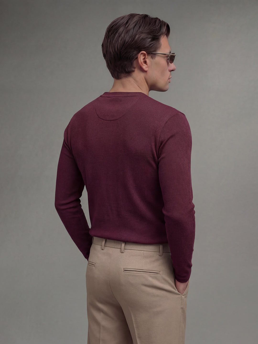 Maroon Ribbed Henley Long Sleeve T-Shirt