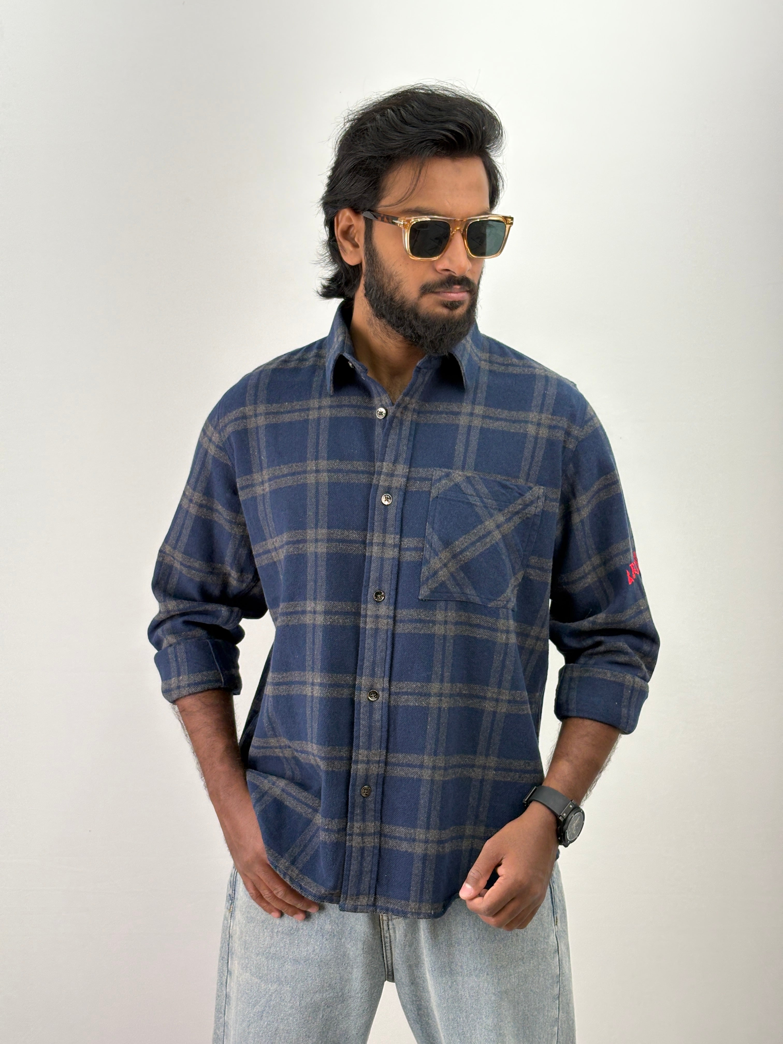 Navy Embroidery Flannel Shirt