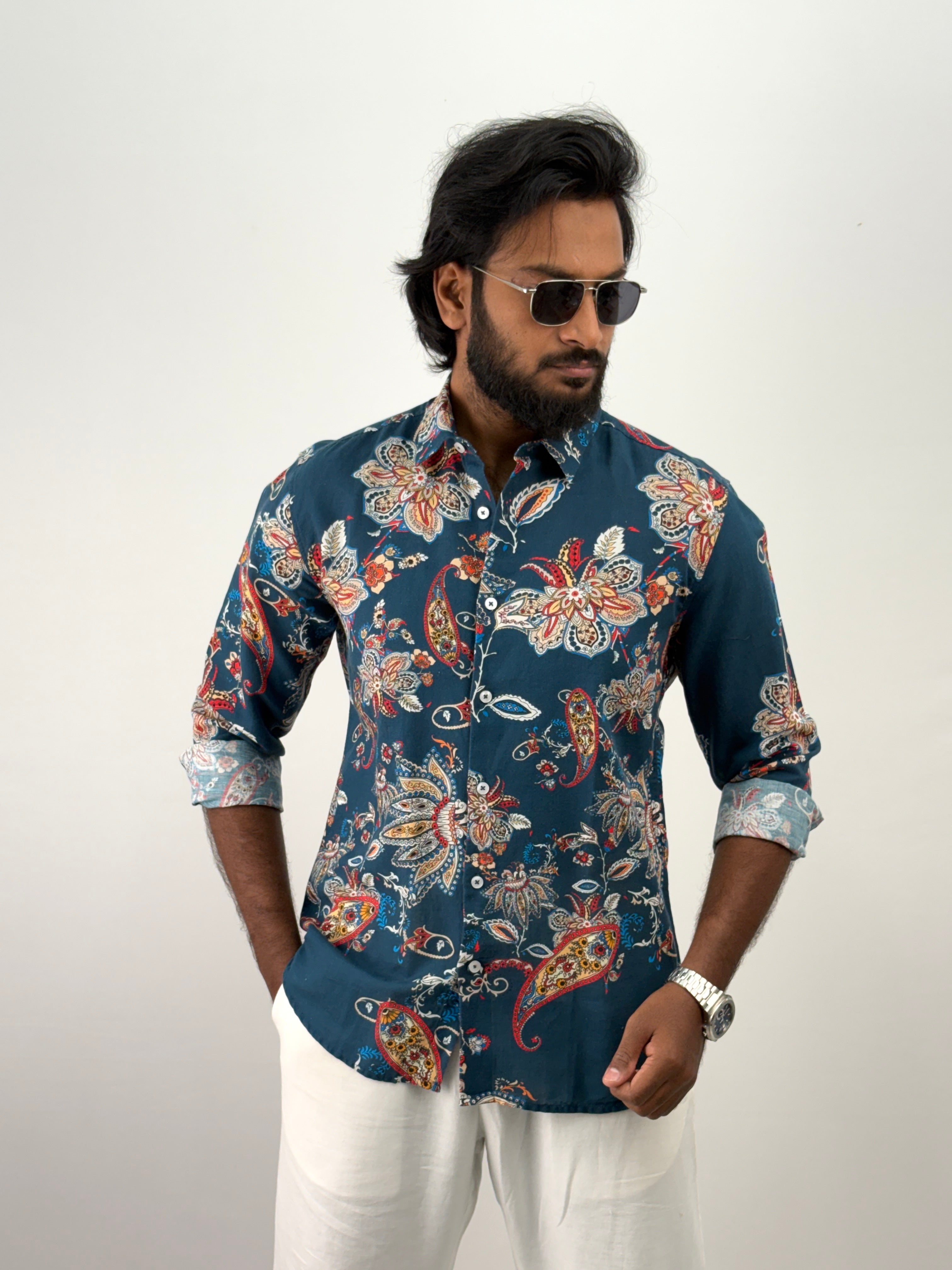 Navy Linen Printed Shirt