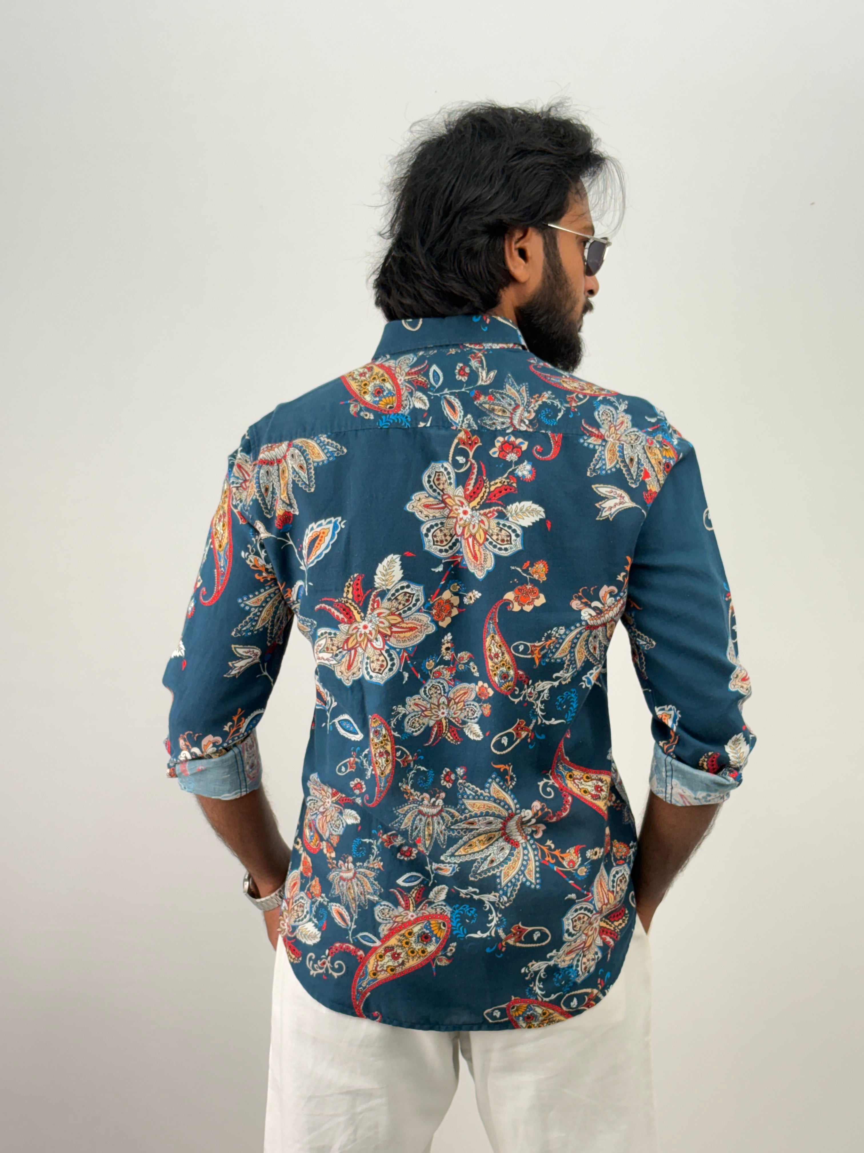 Navy Linen Printed Shirt