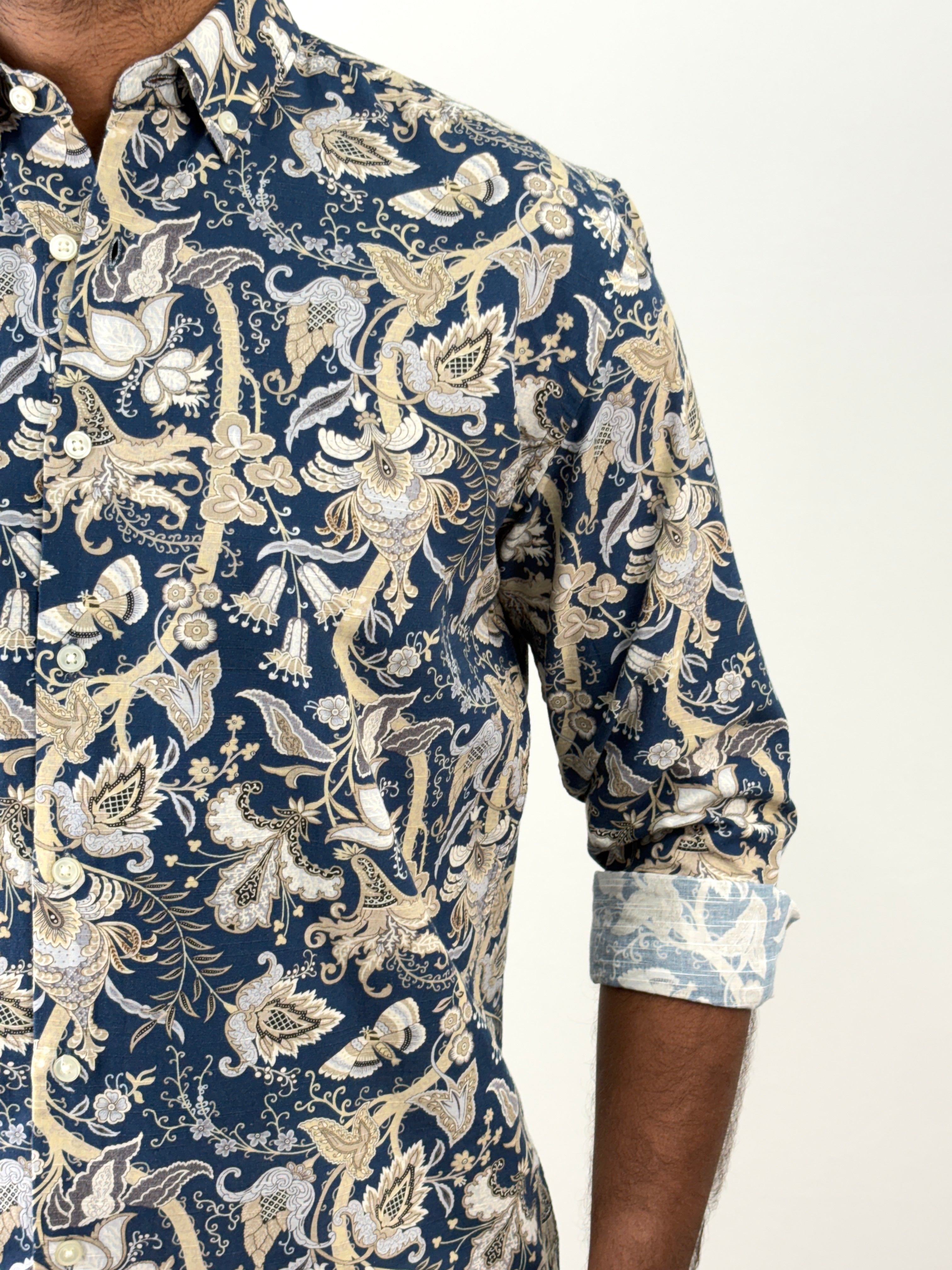 Navy Linen Printed Shirt