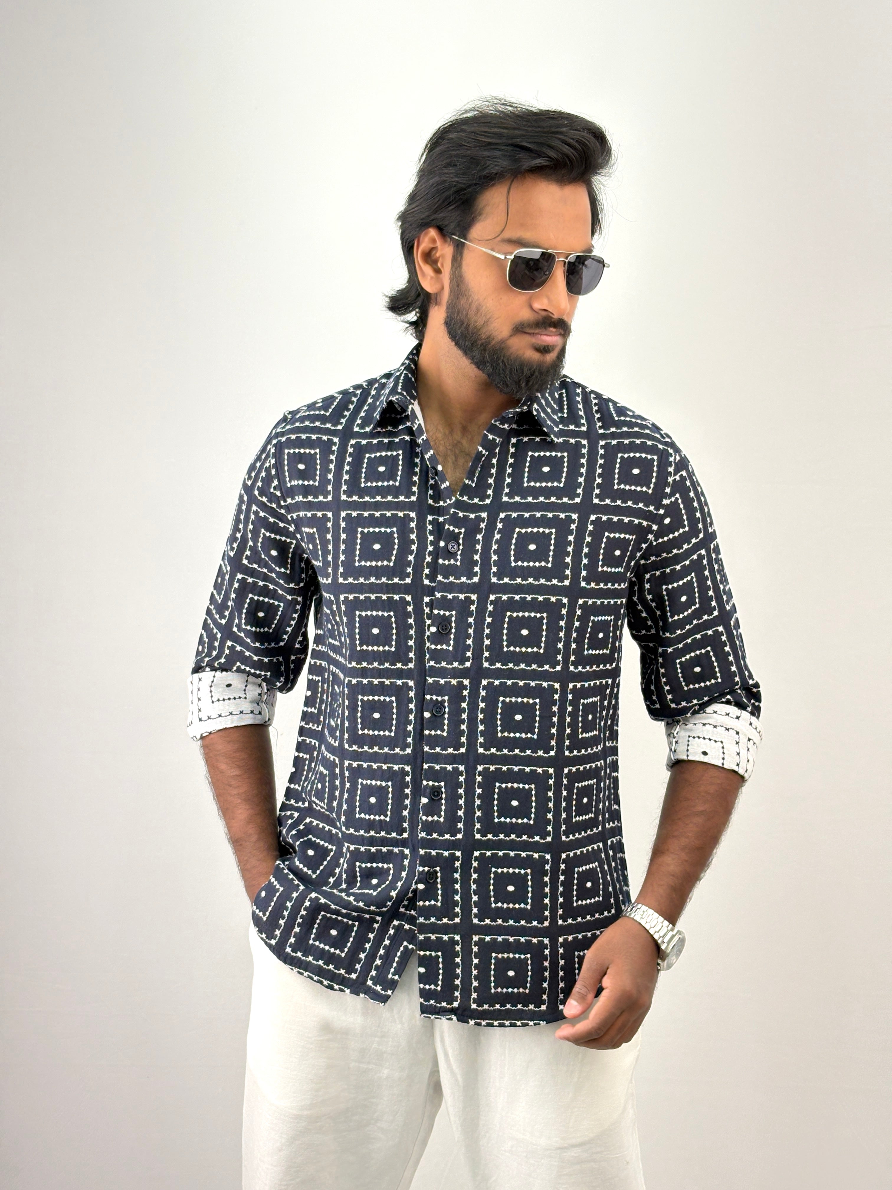 Navy Geometric Jacquard Shirt
