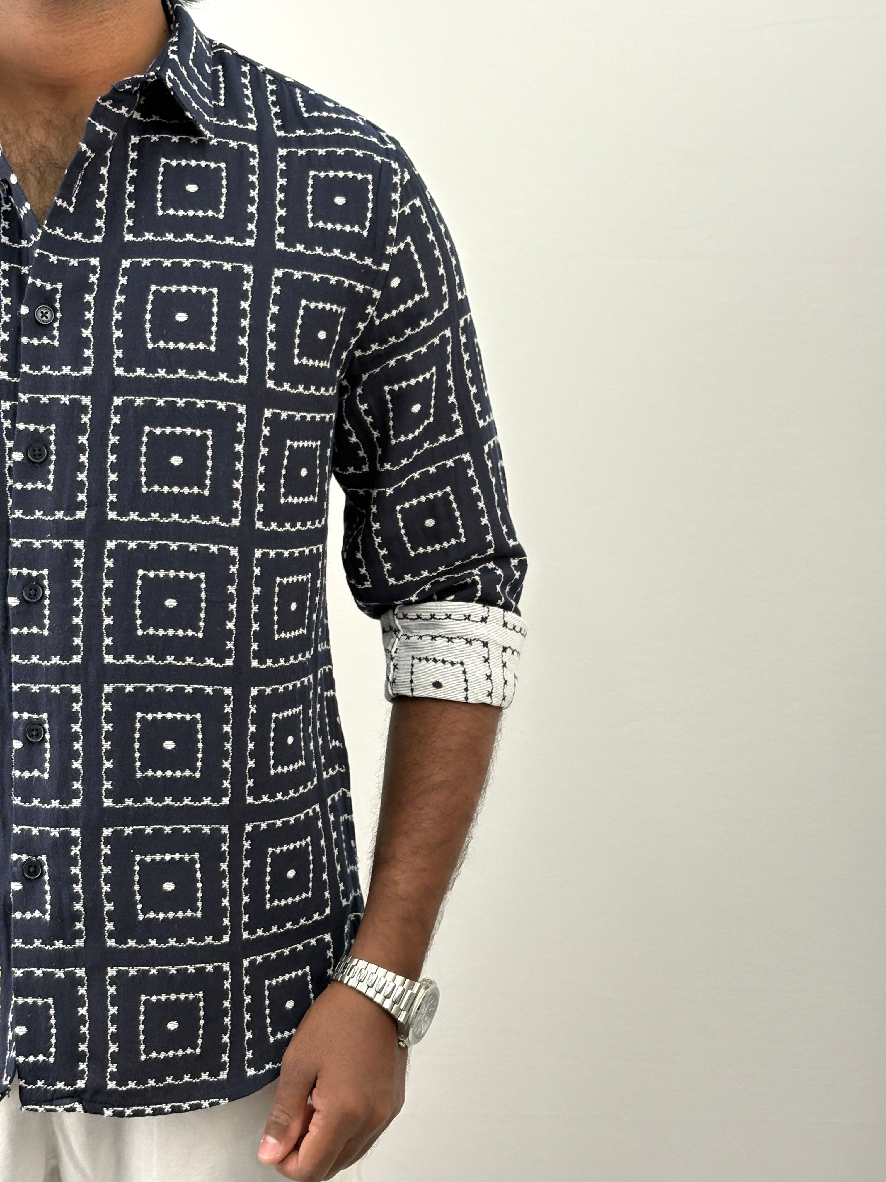 Navy Geometric Jacquard Shirt