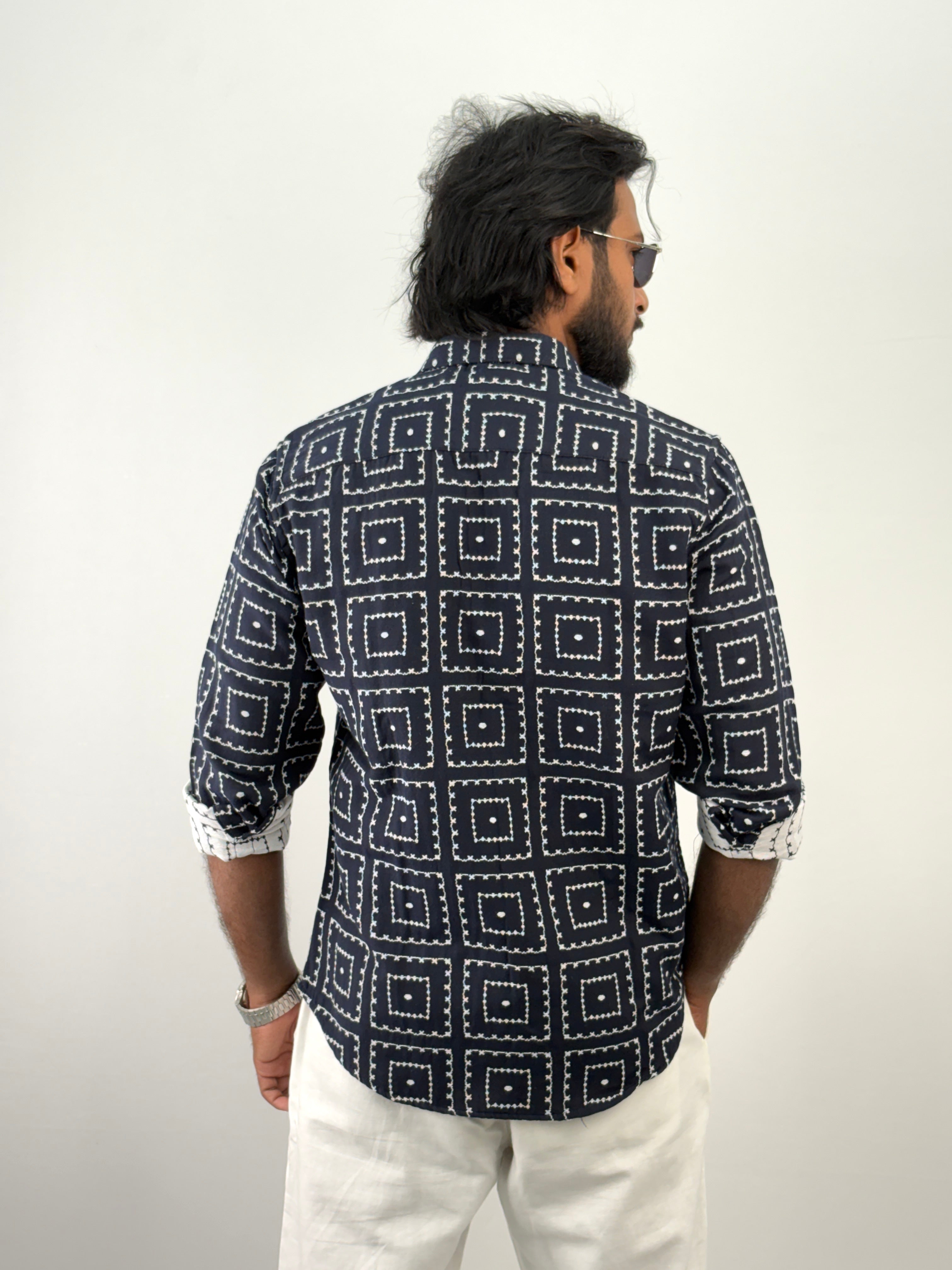 Navy Geometric Jacquard Shirt