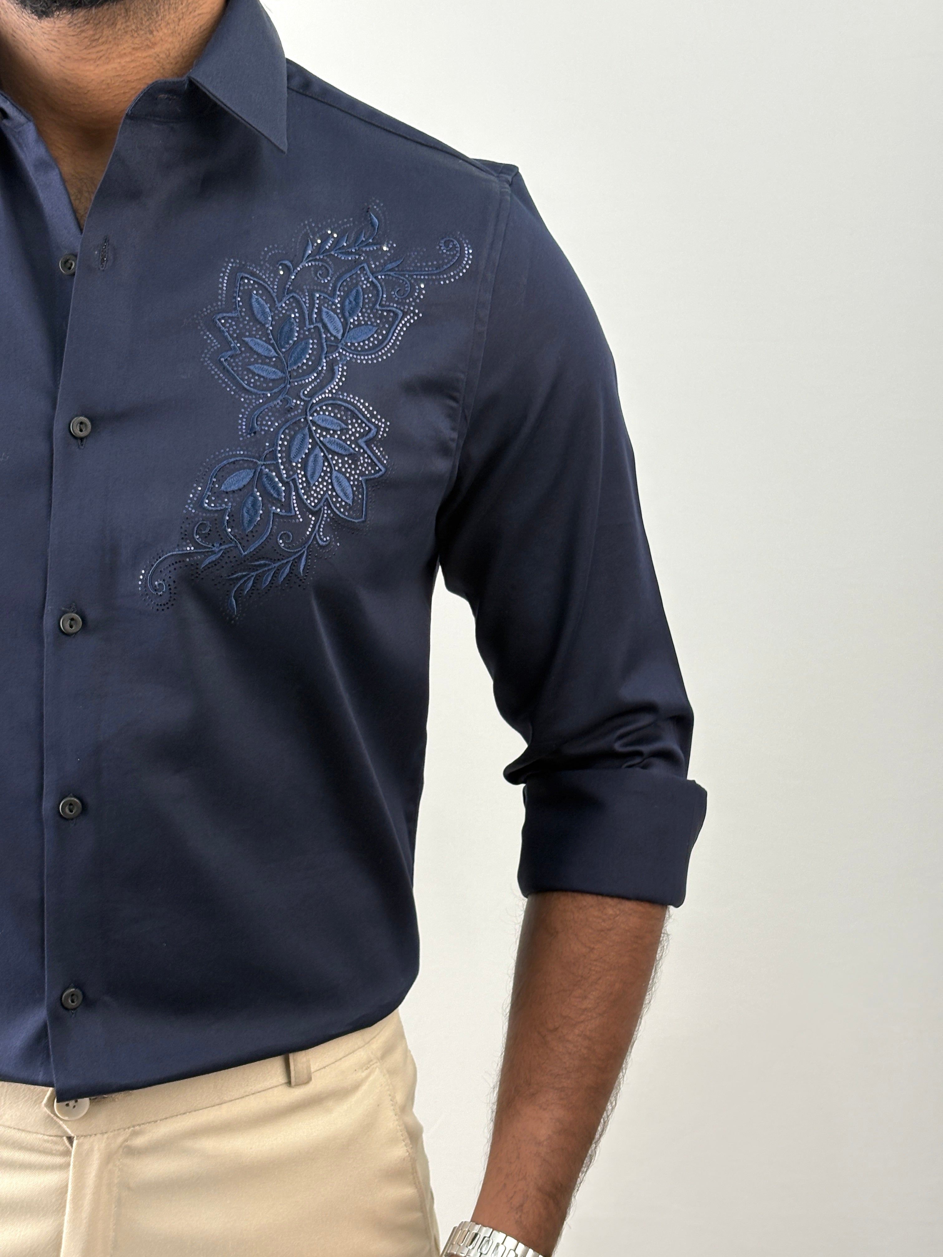 Navy Designer Embroidery Stone Work Shirt 1
