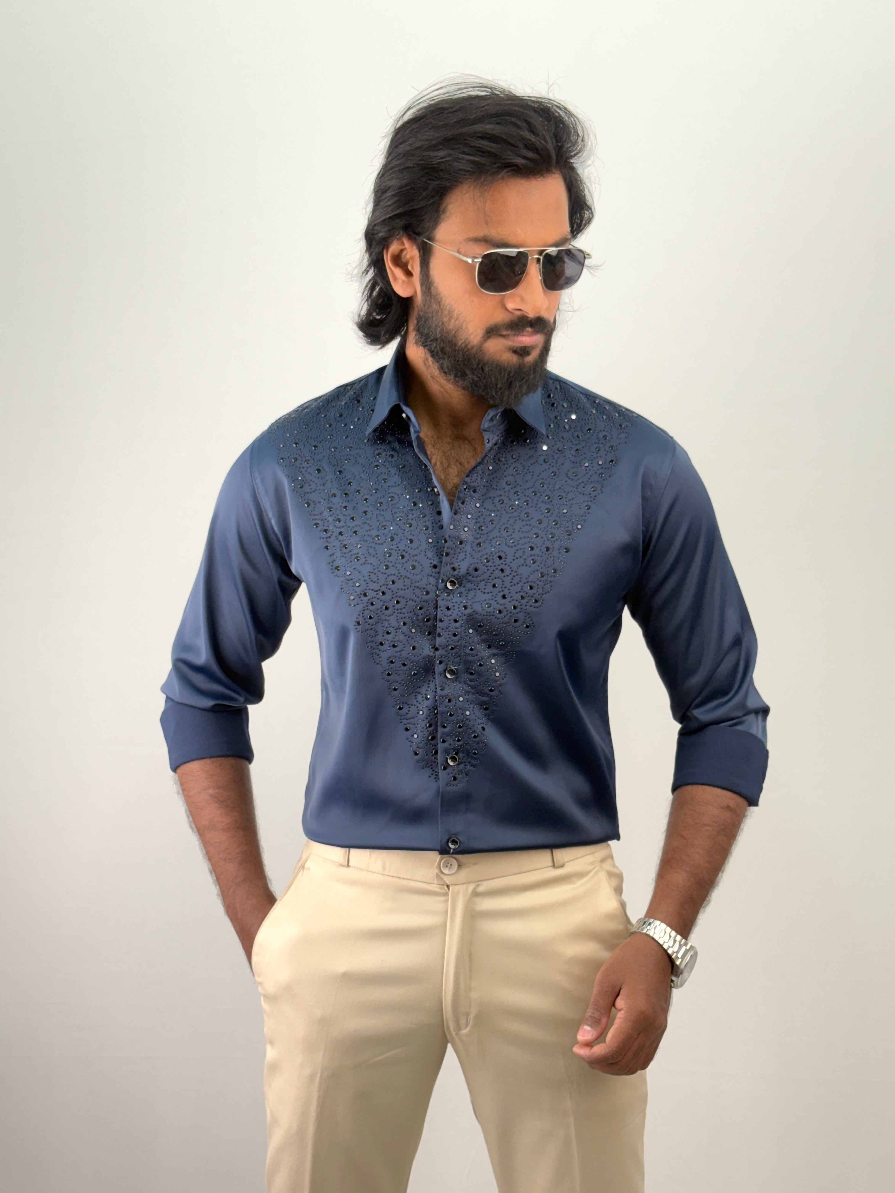 Navy Designer Stone Work Shirt 9