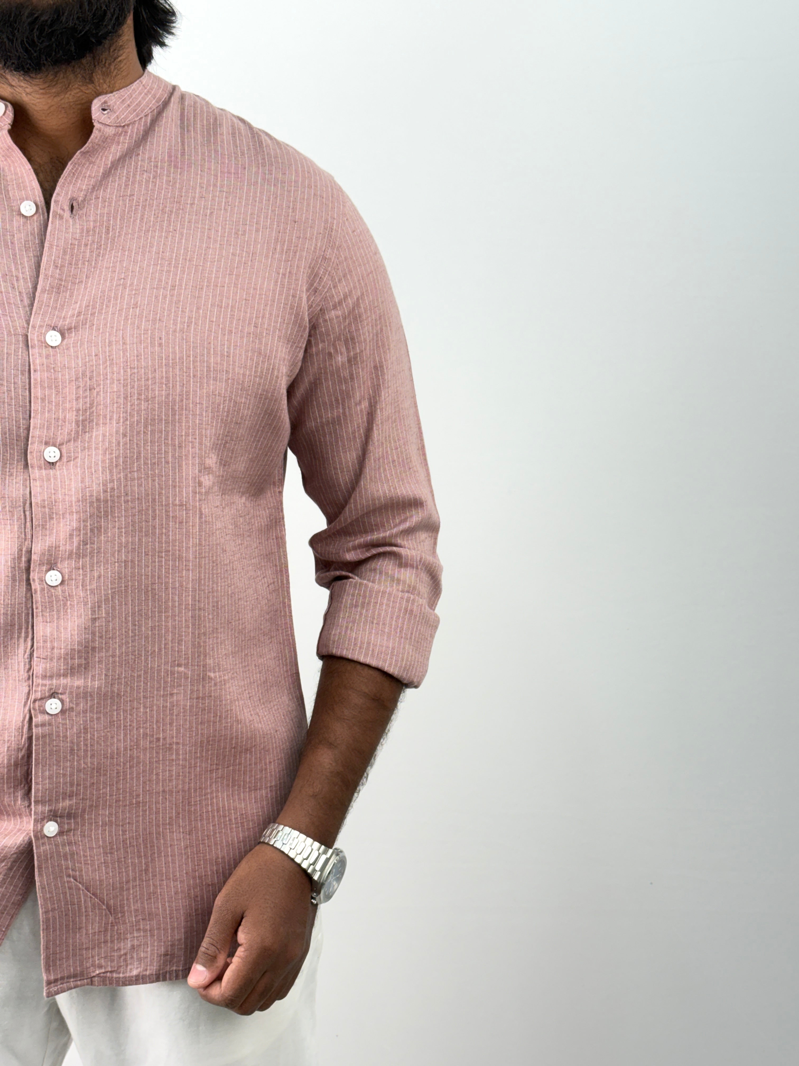 Peach Mandarin Linen Stripe Shirt