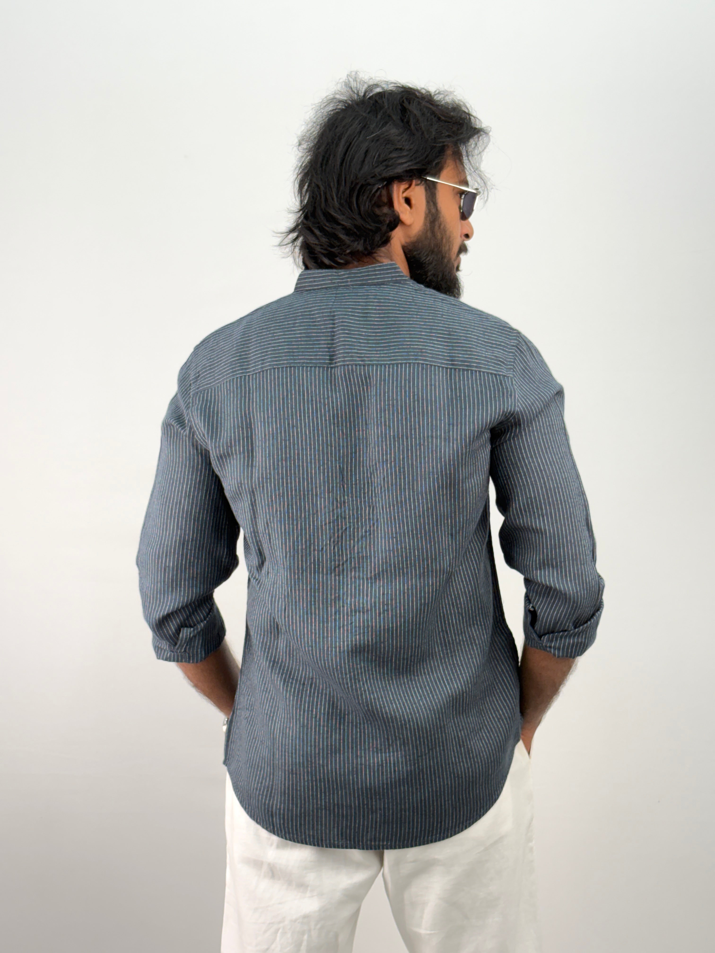 Peacock Mandarin Linen Stripe Shirt