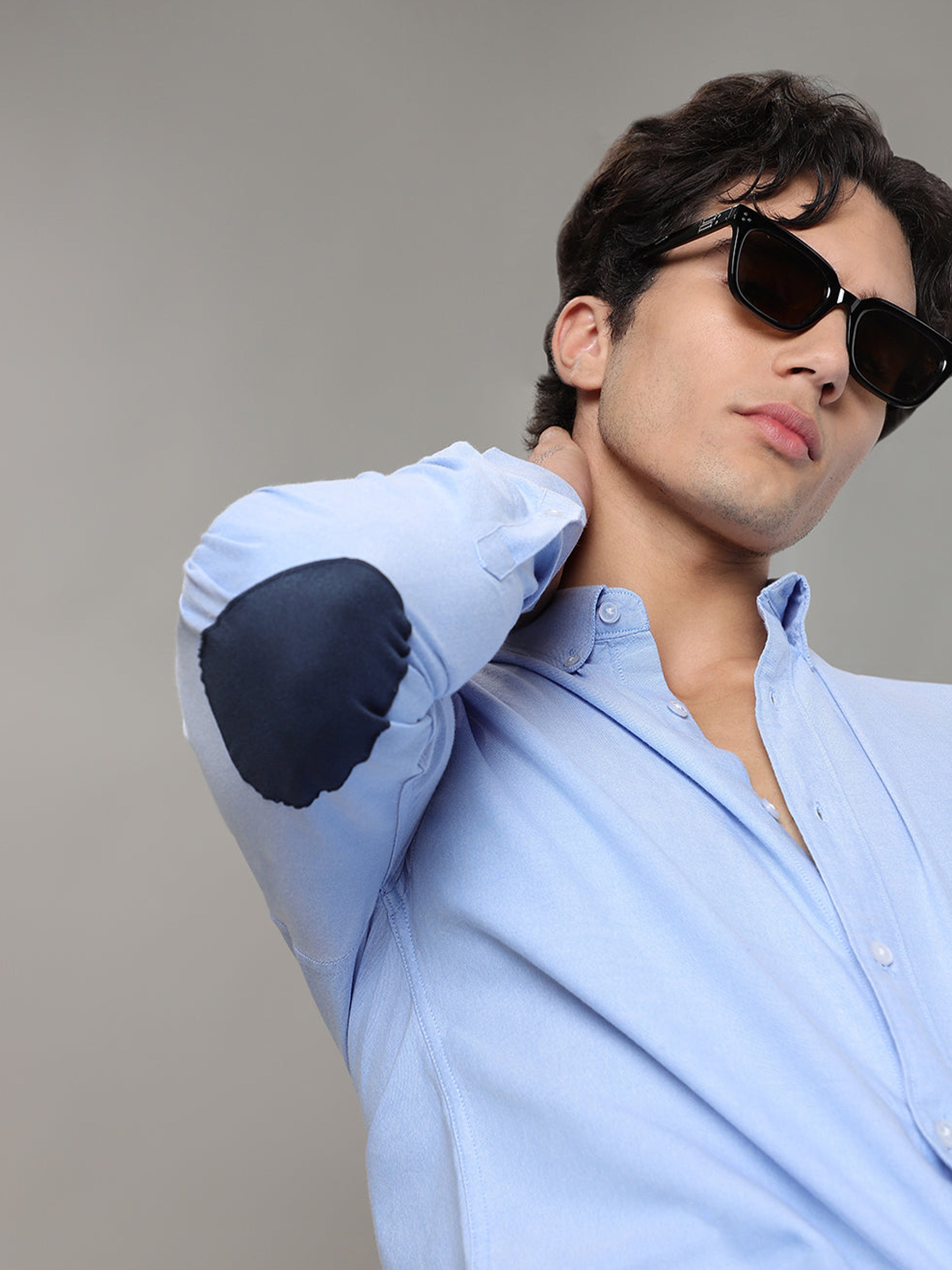 Powder Blue Plain Elbow Patch Shirt