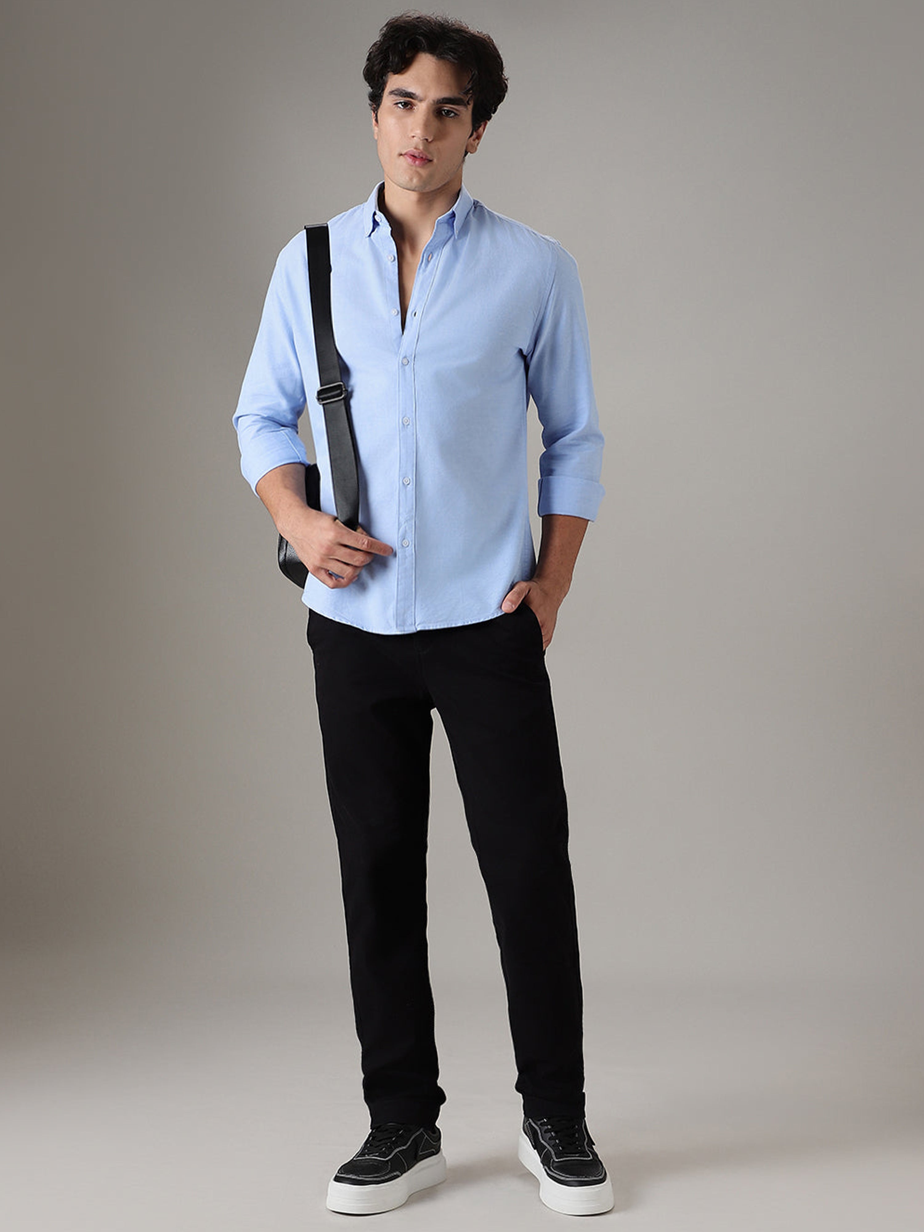 Powder Blue Plain Elbow Patch Shirt