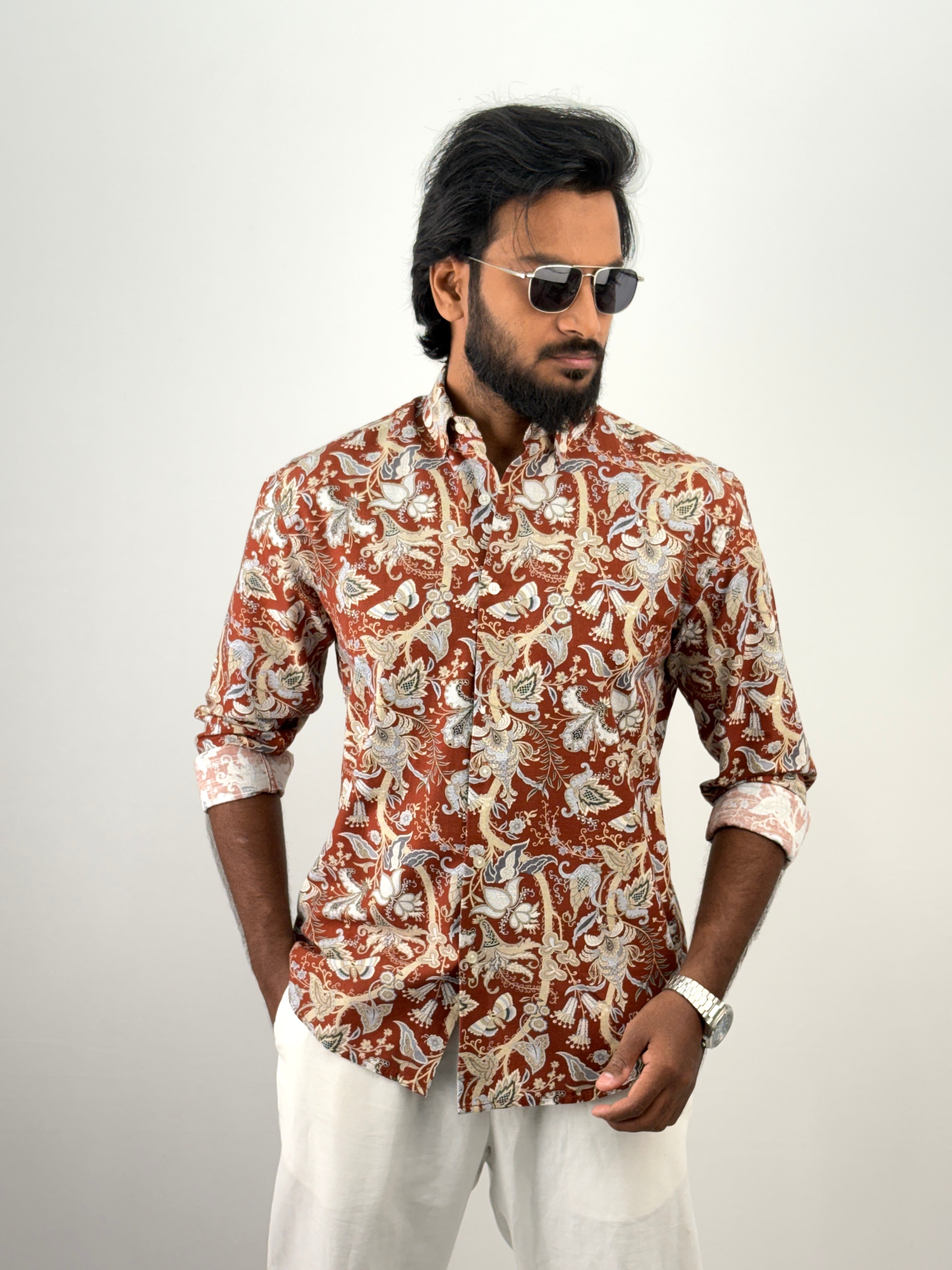 Red Linen Printed Shirt