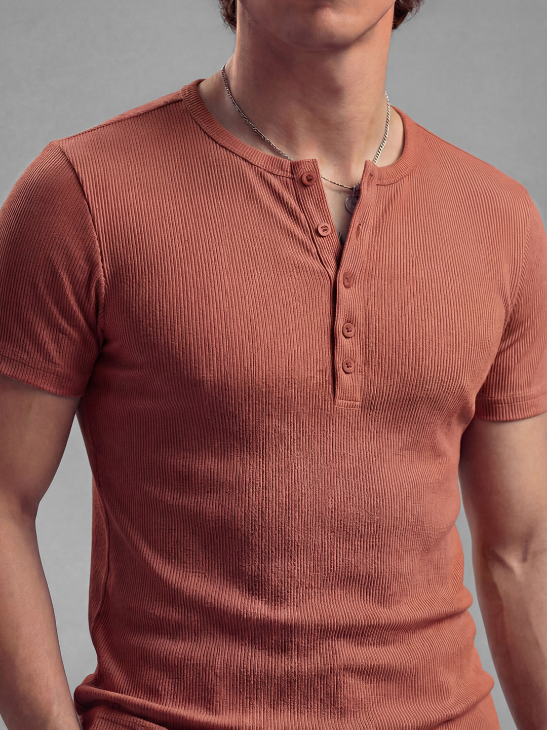 Rust Ribbed Henley Short Sleeves T-Shirt