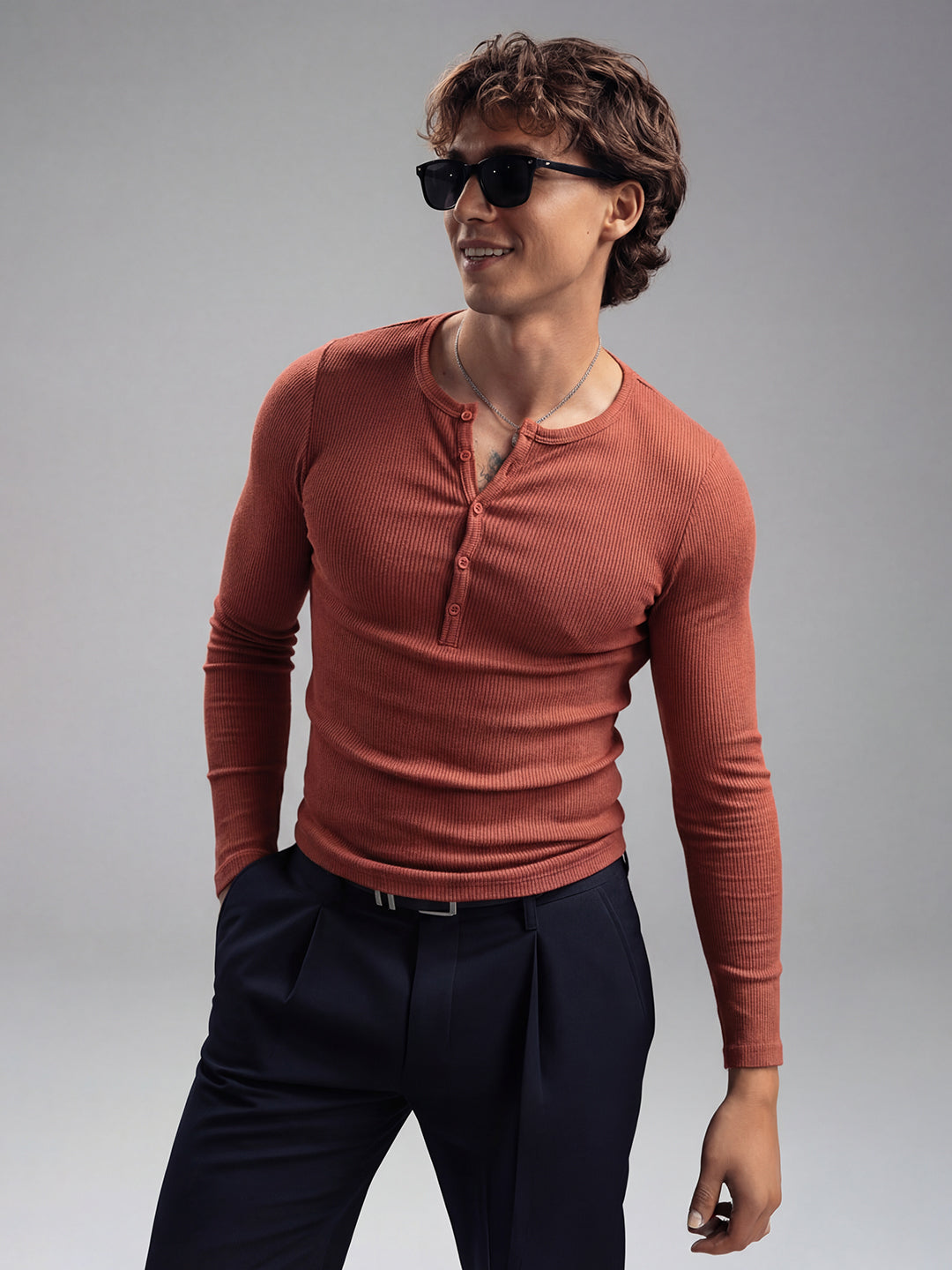 Rust Ribbed Henley Long Sleeve T-Shirt