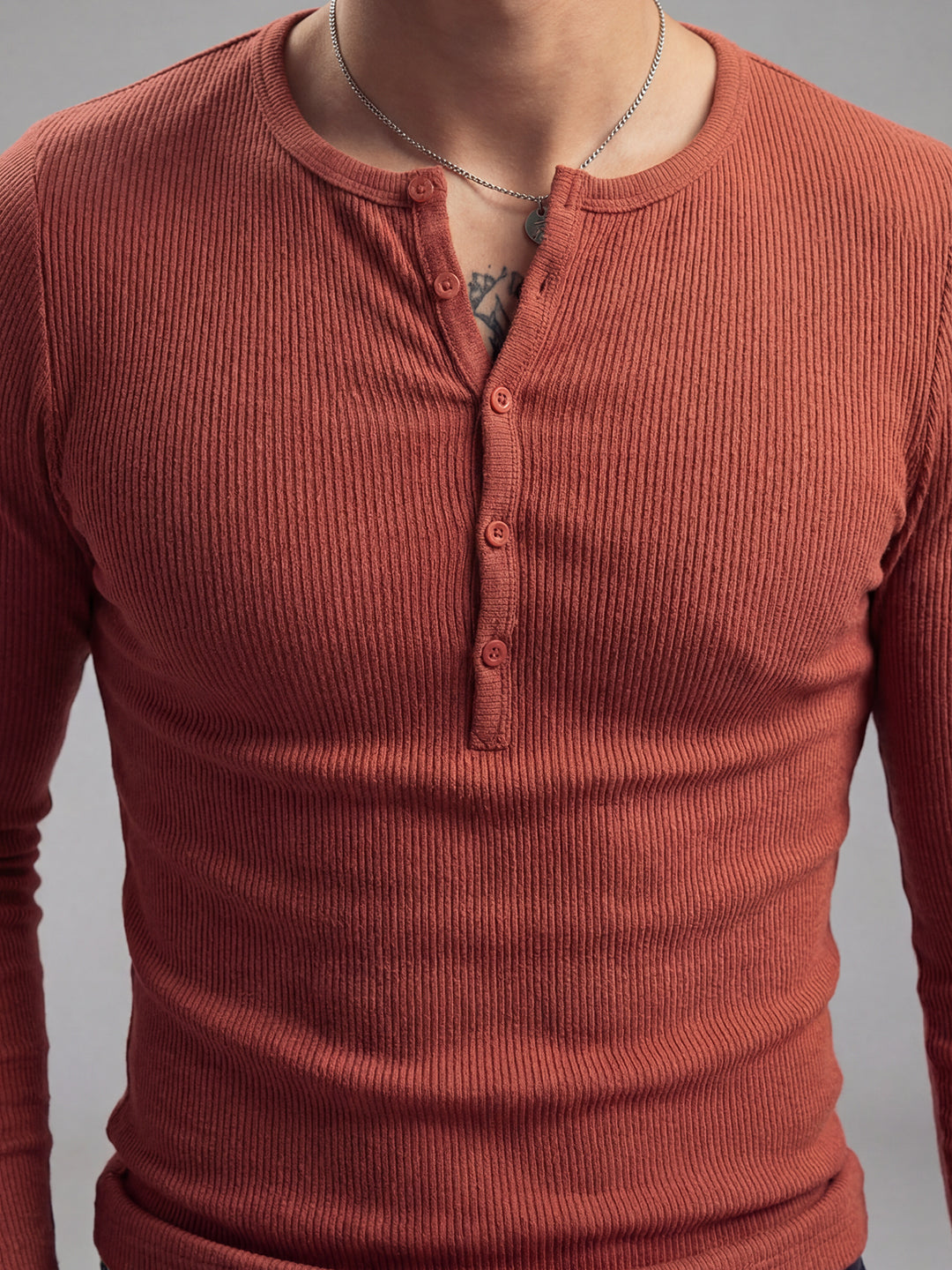 Rust Ribbed Henley Long Sleeve T-Shirt