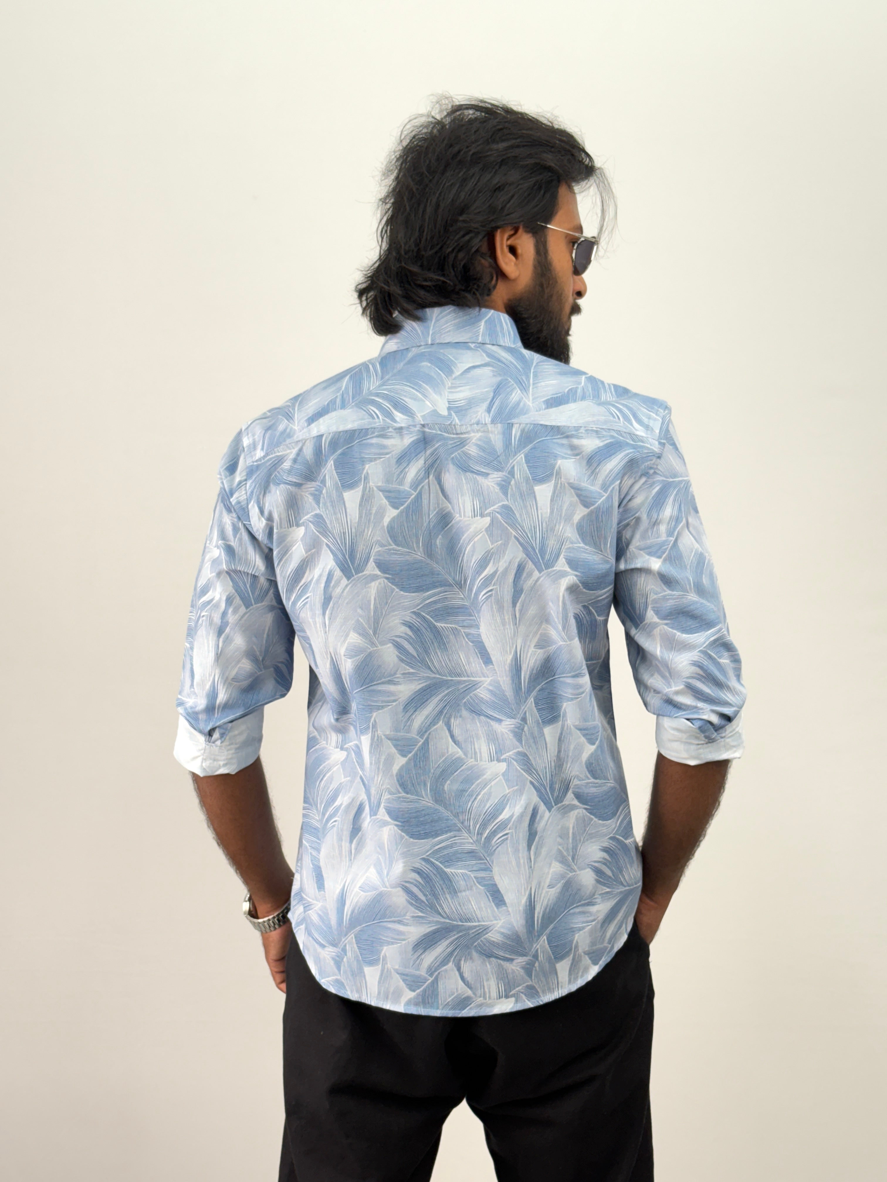 Sky Blue Linen Printed Shirt