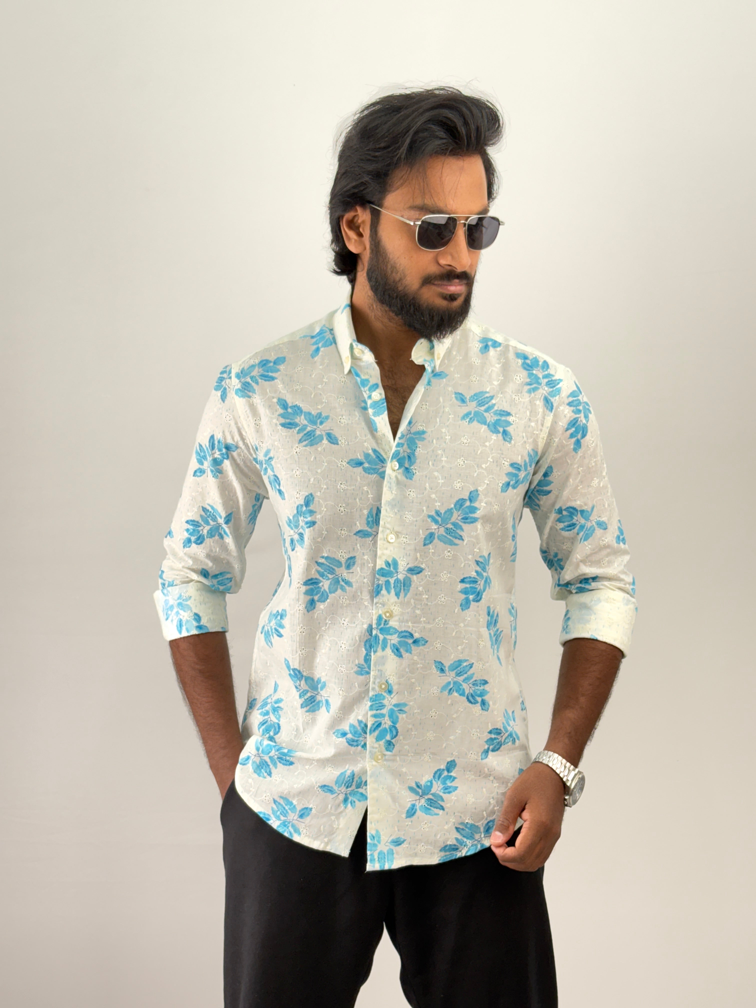 Sky Blue Embroidery Printed Shirt