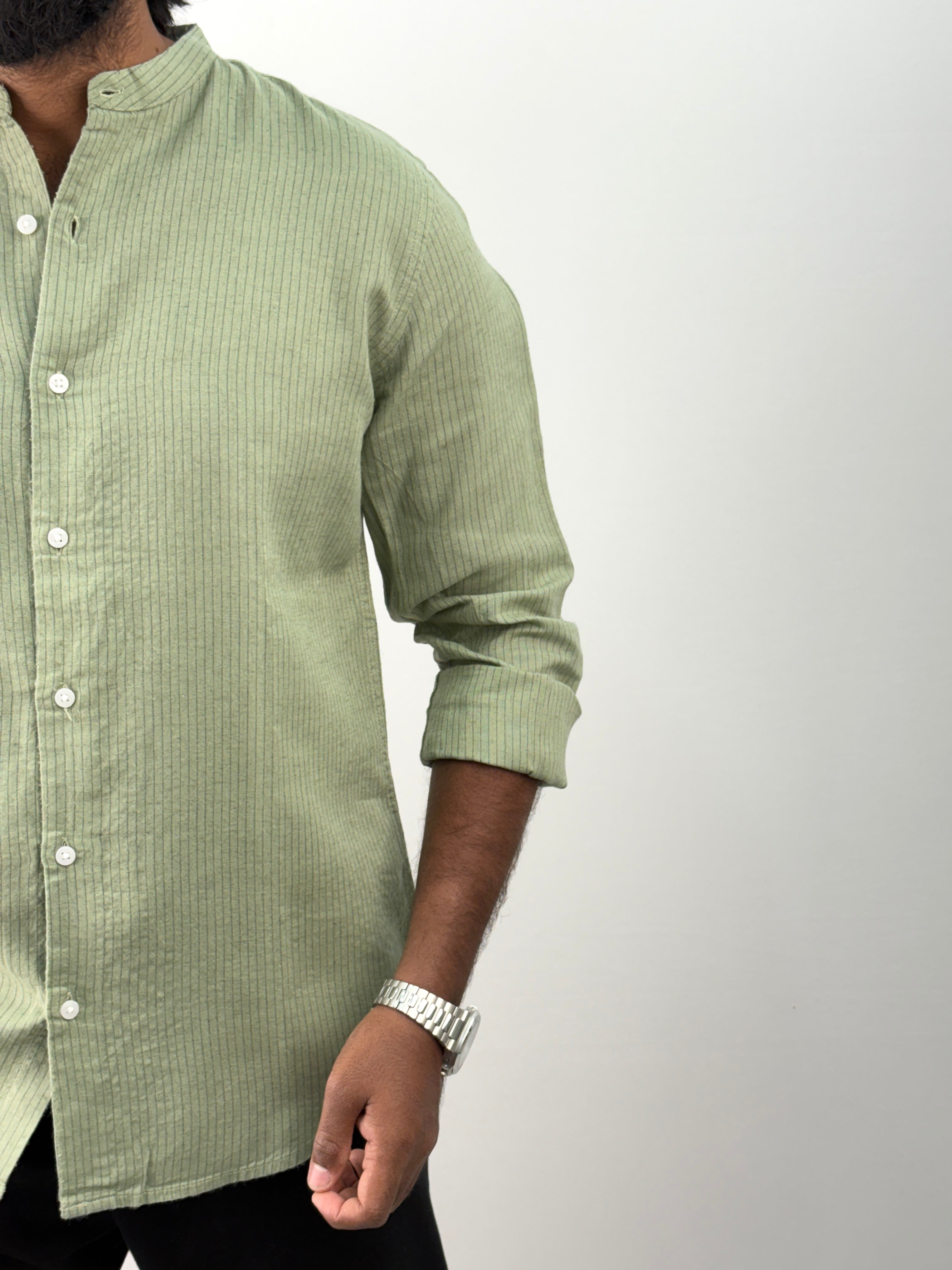 Slate Green Mandarin Linen Stripe Shirt