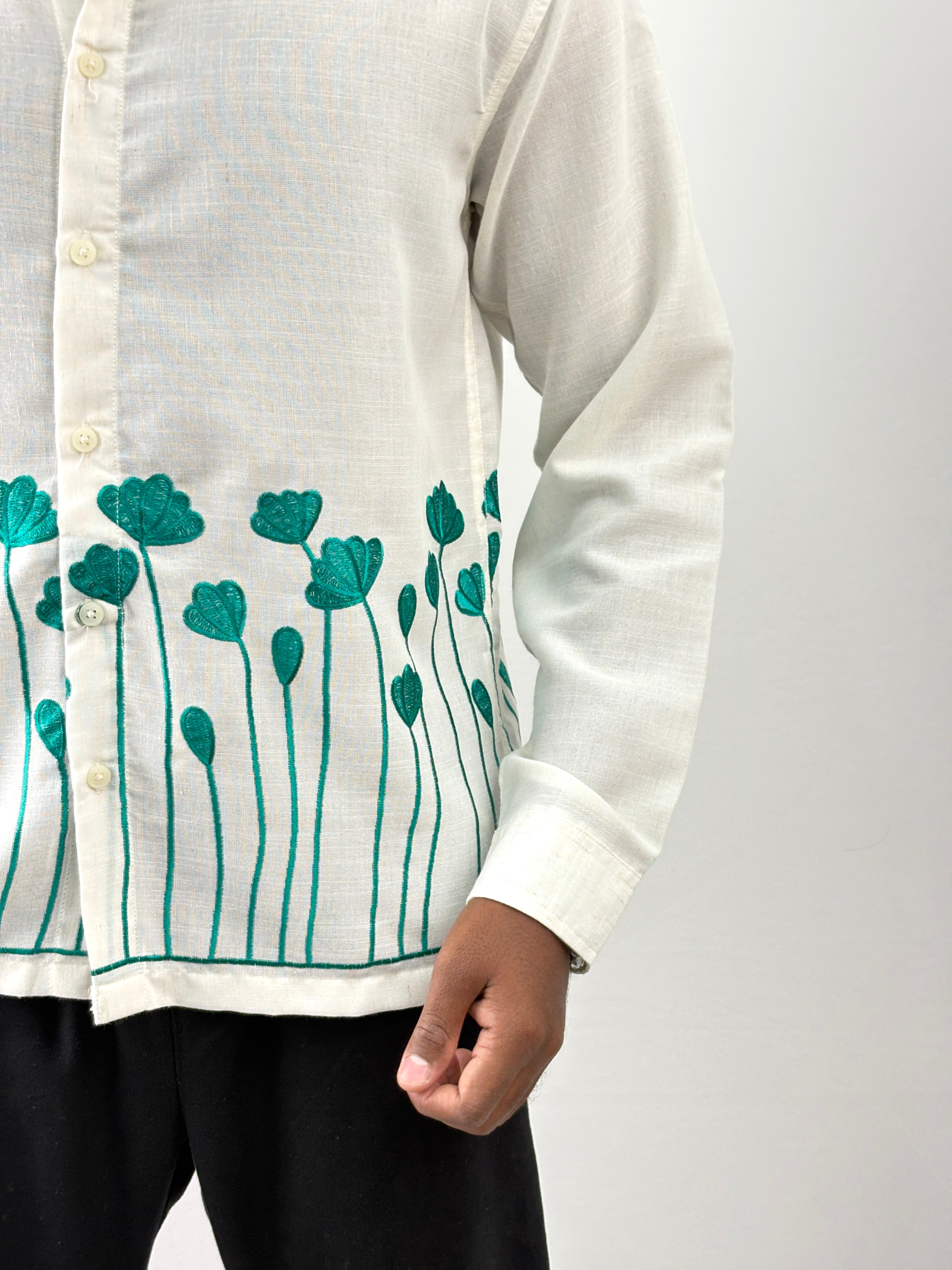 White Green Linen Embroidery Shirt