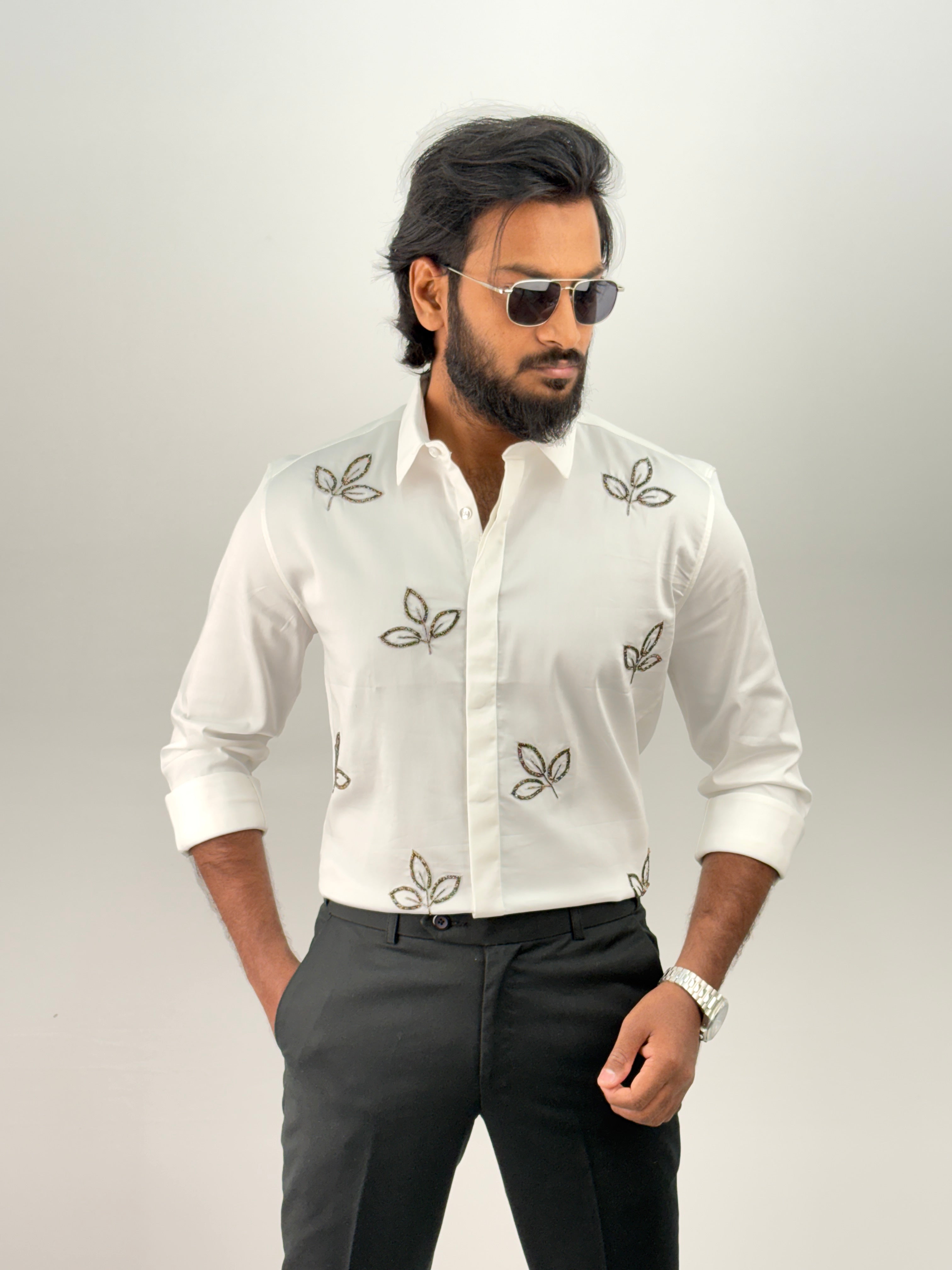 White Designer Stone Work Shirts 11