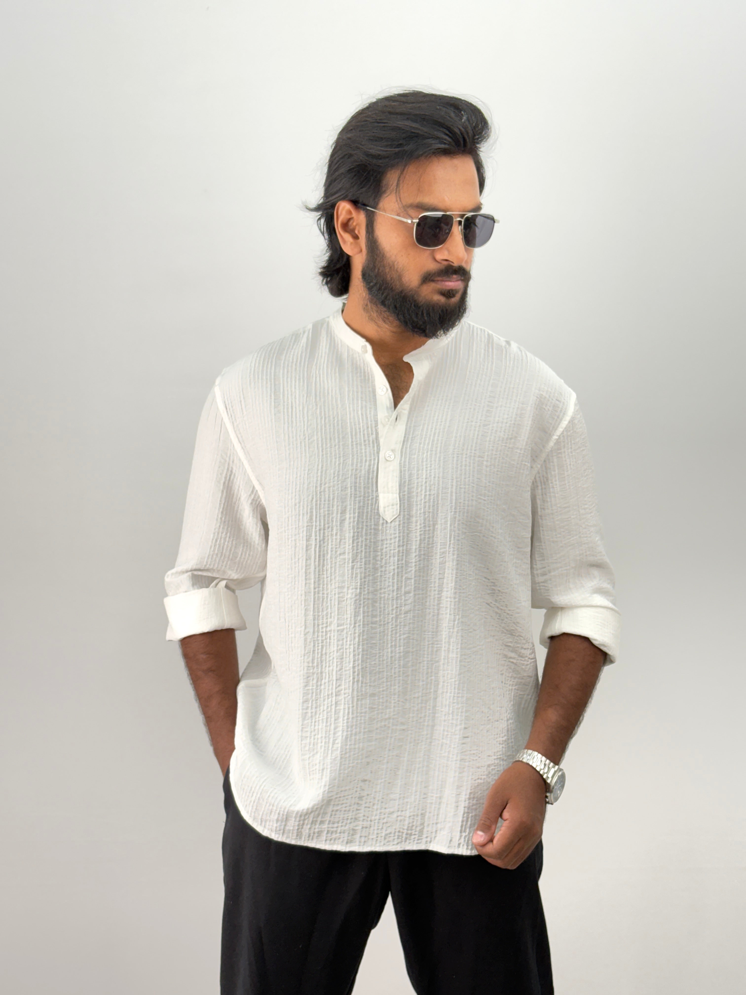 White Textured Short Kurta