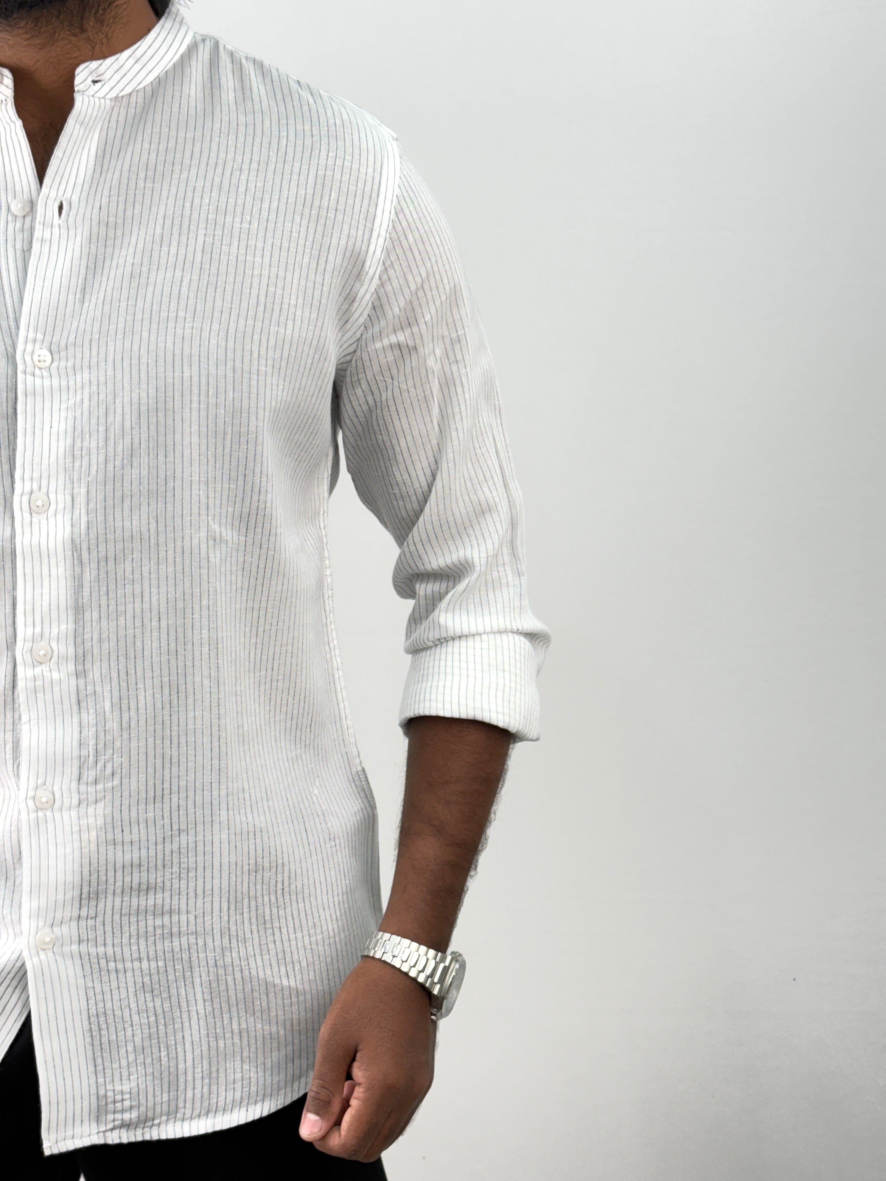White Mandarin Linen Stripe Shirt