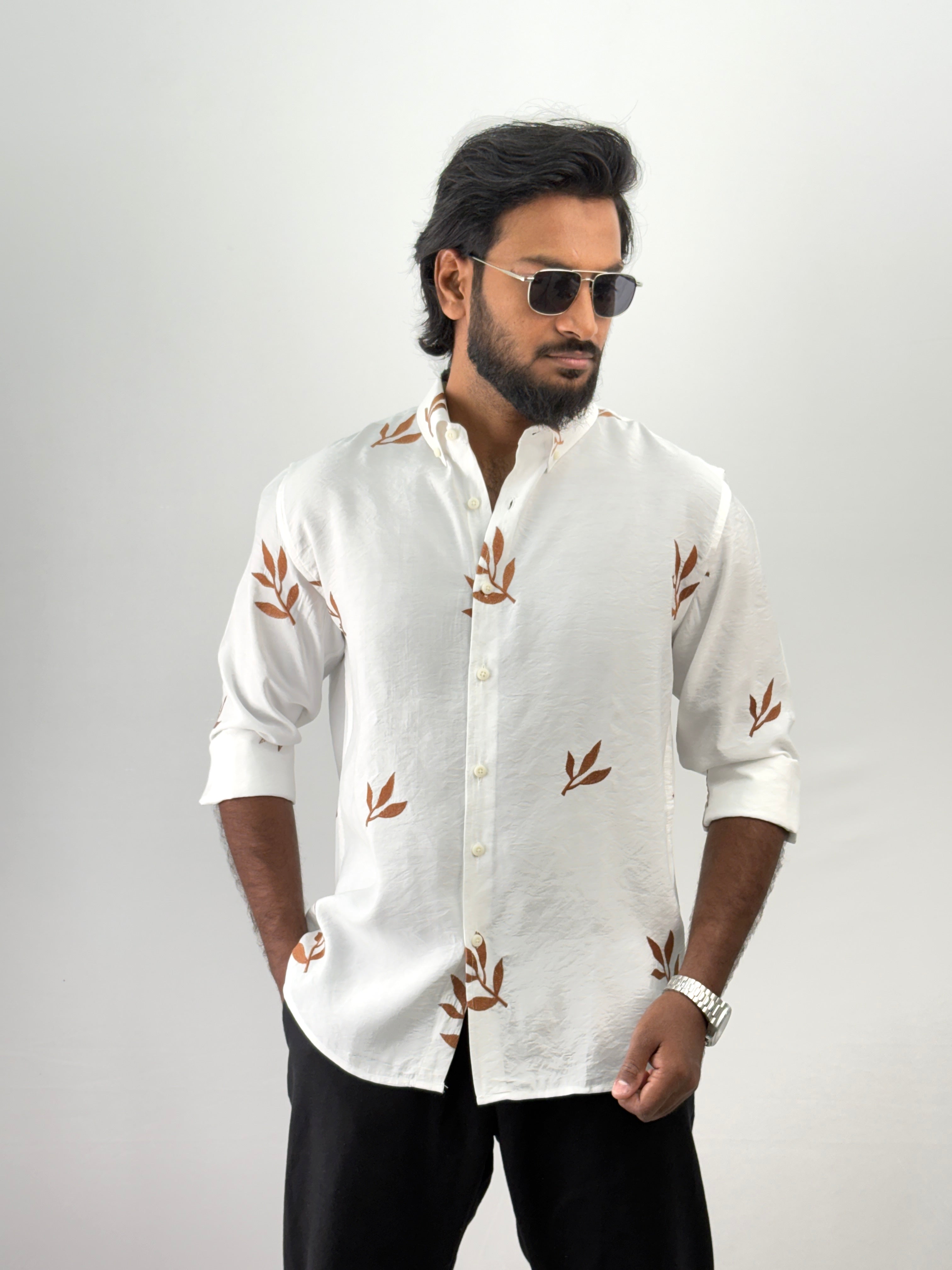 White Brown Embroidery Shirt
