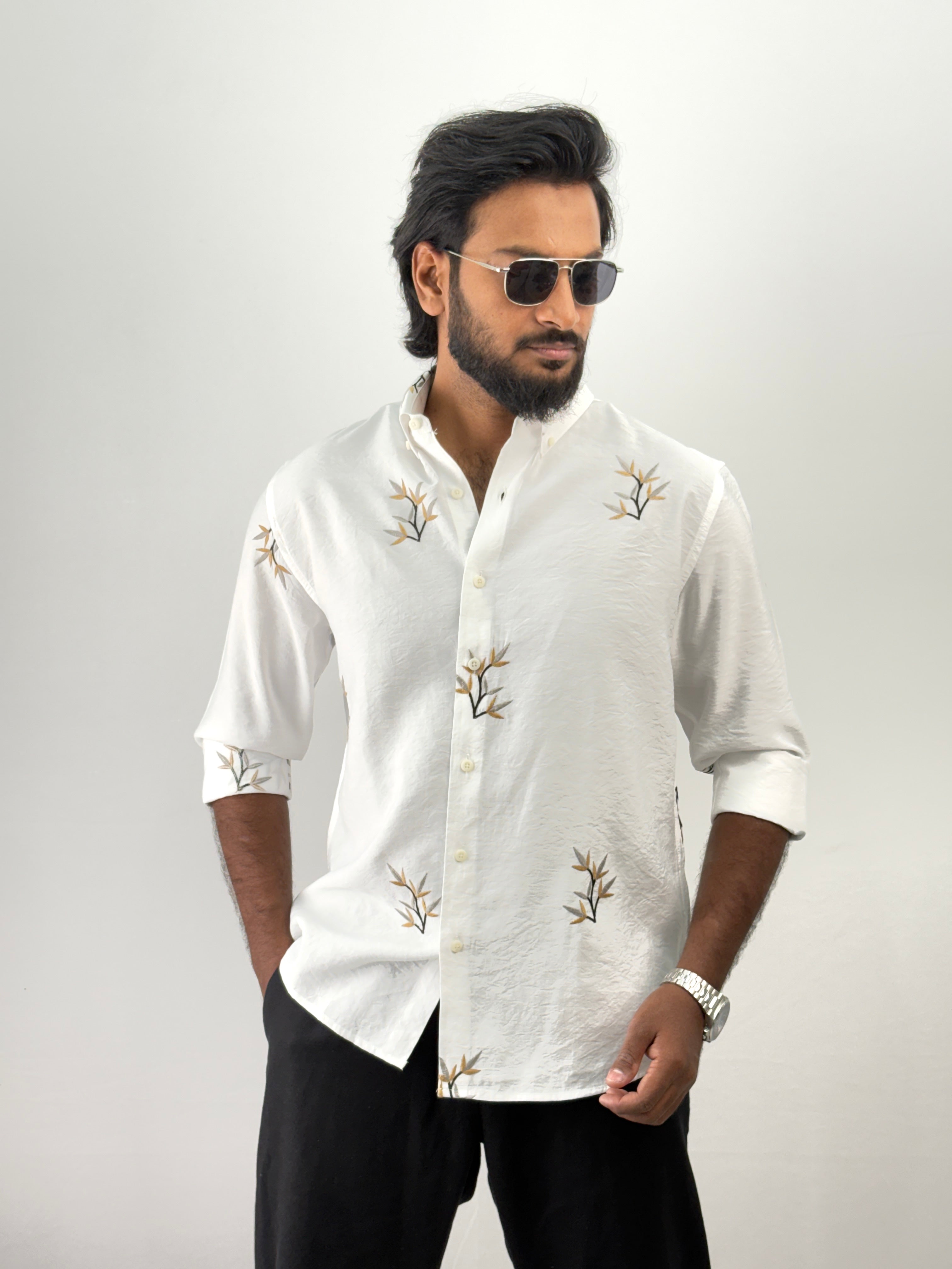 White Grey Embroidery Shirt