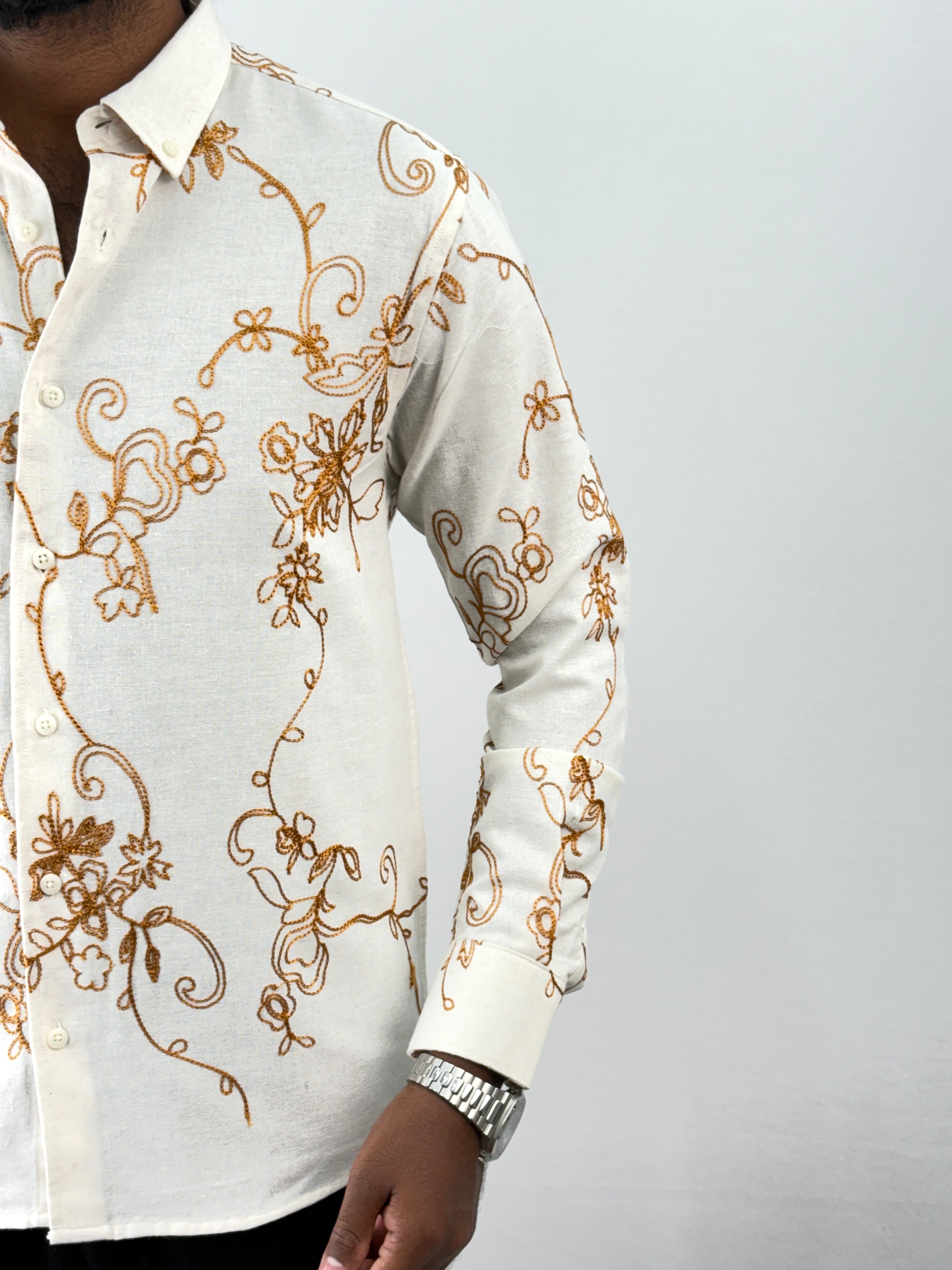 White Brown Linen Embroidery Shirt 2