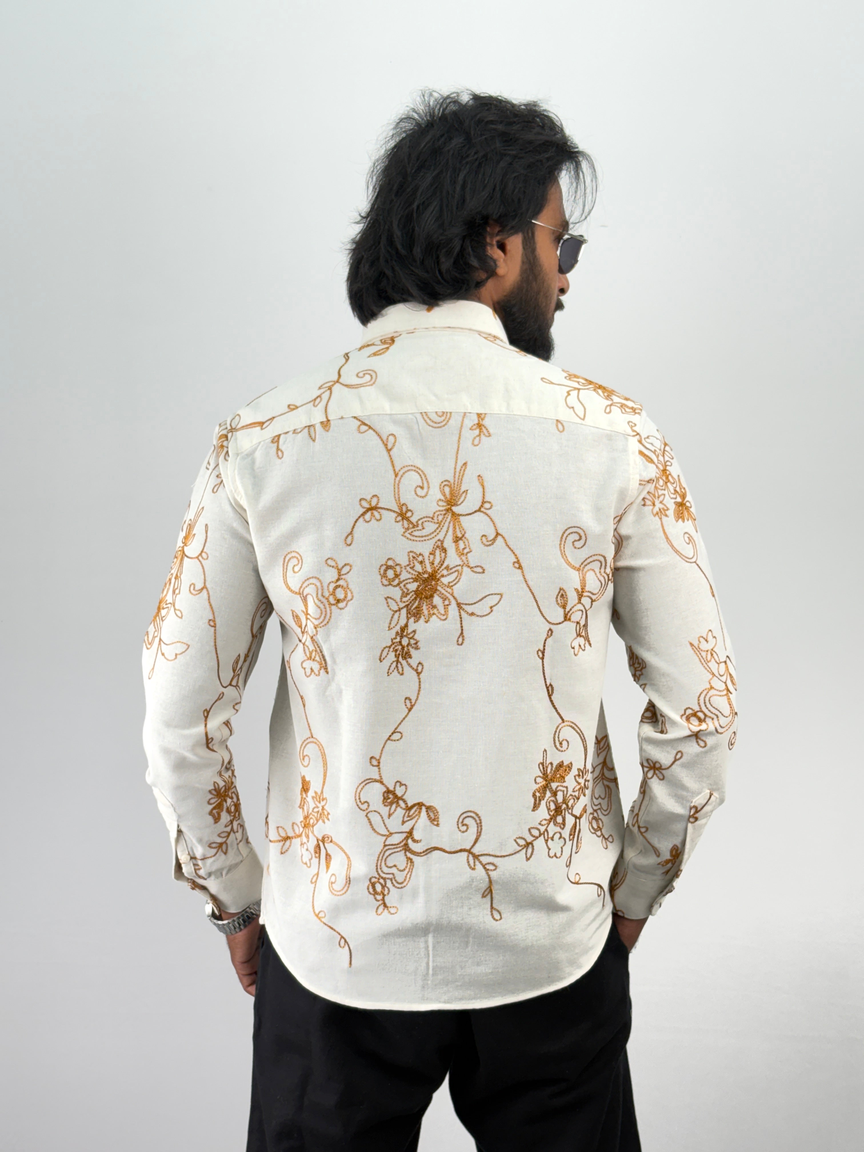 White Brown Linen Embroidery Shirt 2