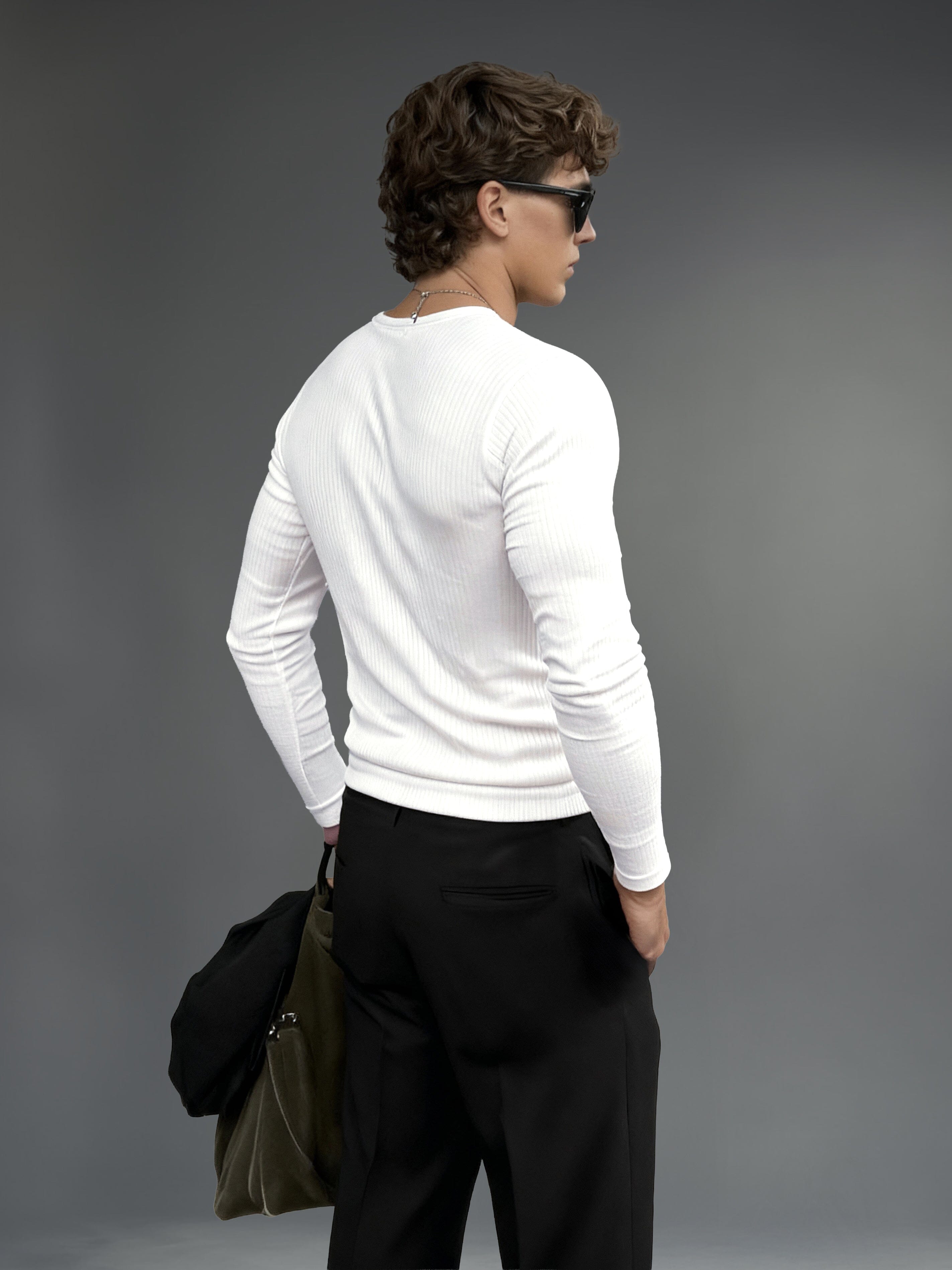 White Ribbed Henley Long Sleeve T-Shirt