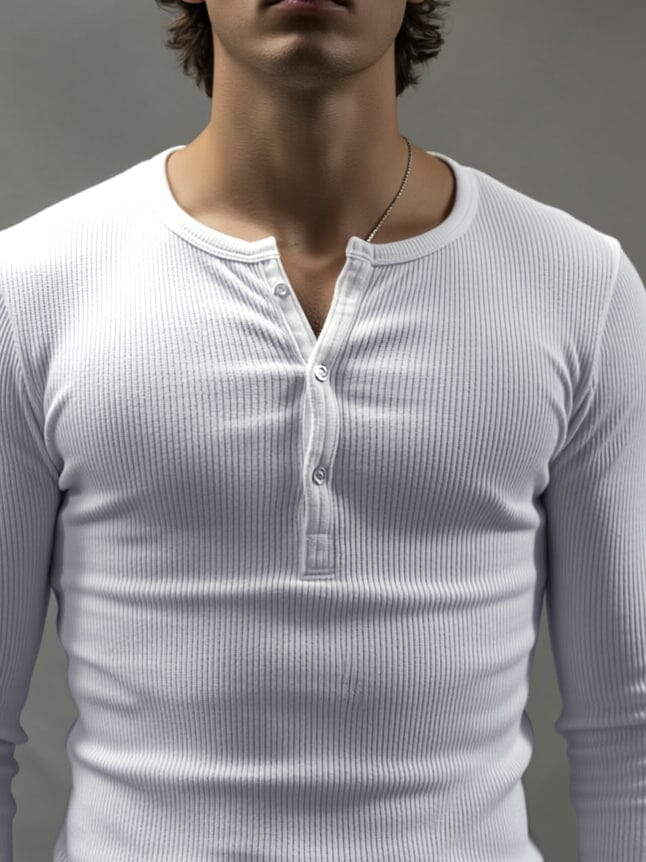 White Ribbed Henley Long Sleeve T-Shirt