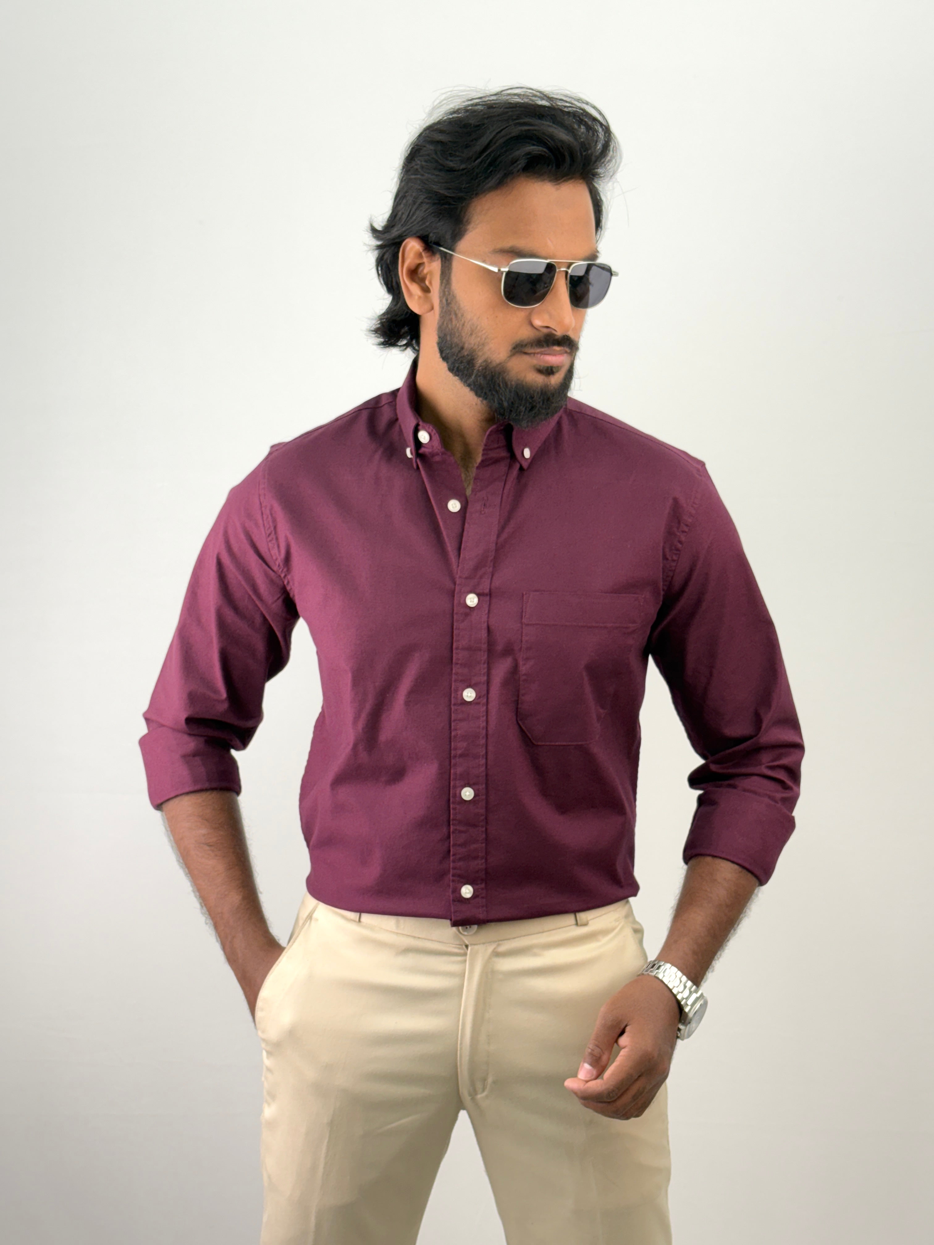 Wine Plain Oxford Shirt 4