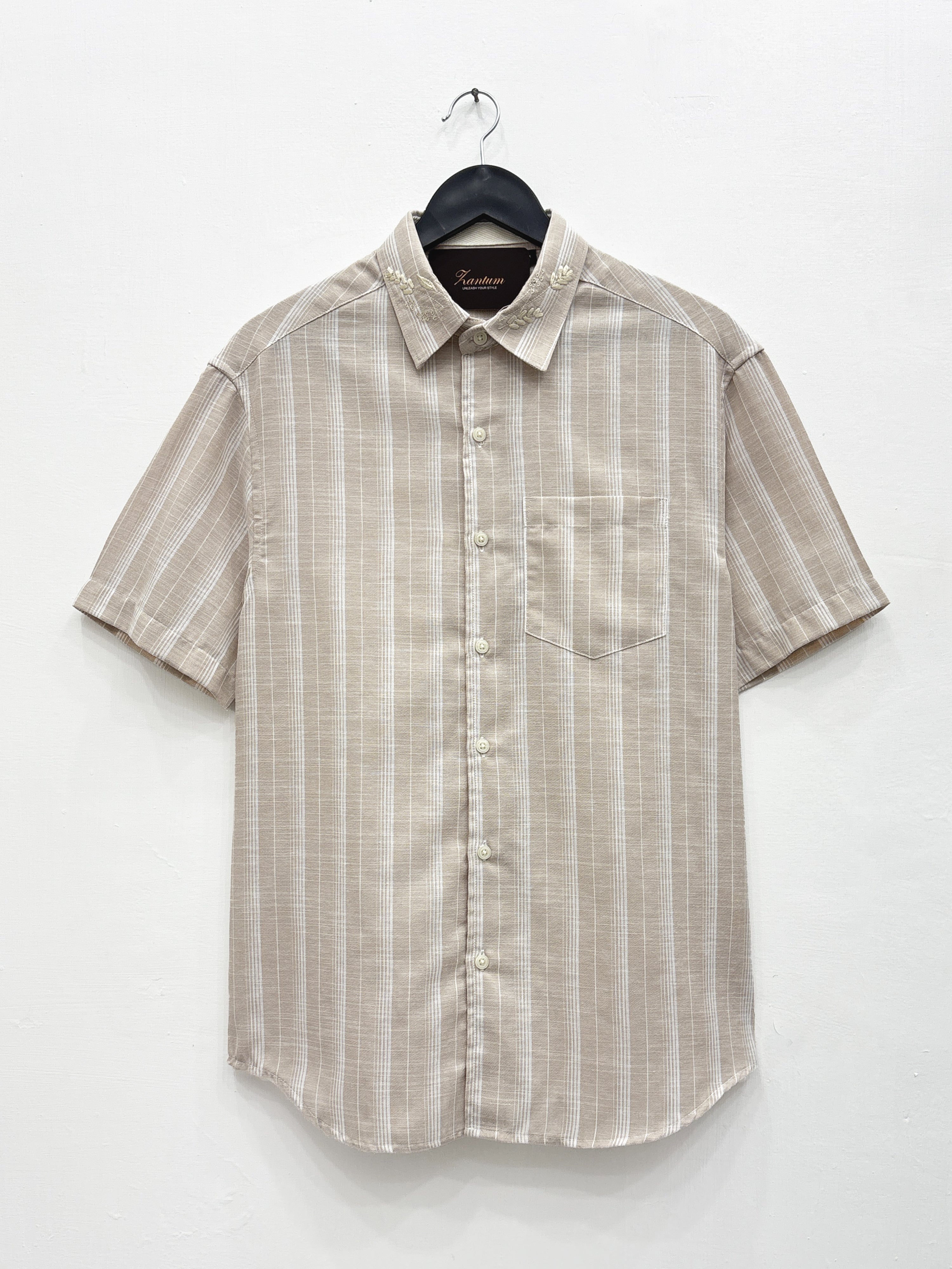 Beige Half Linen Stripe Neck Embroidery Shirt