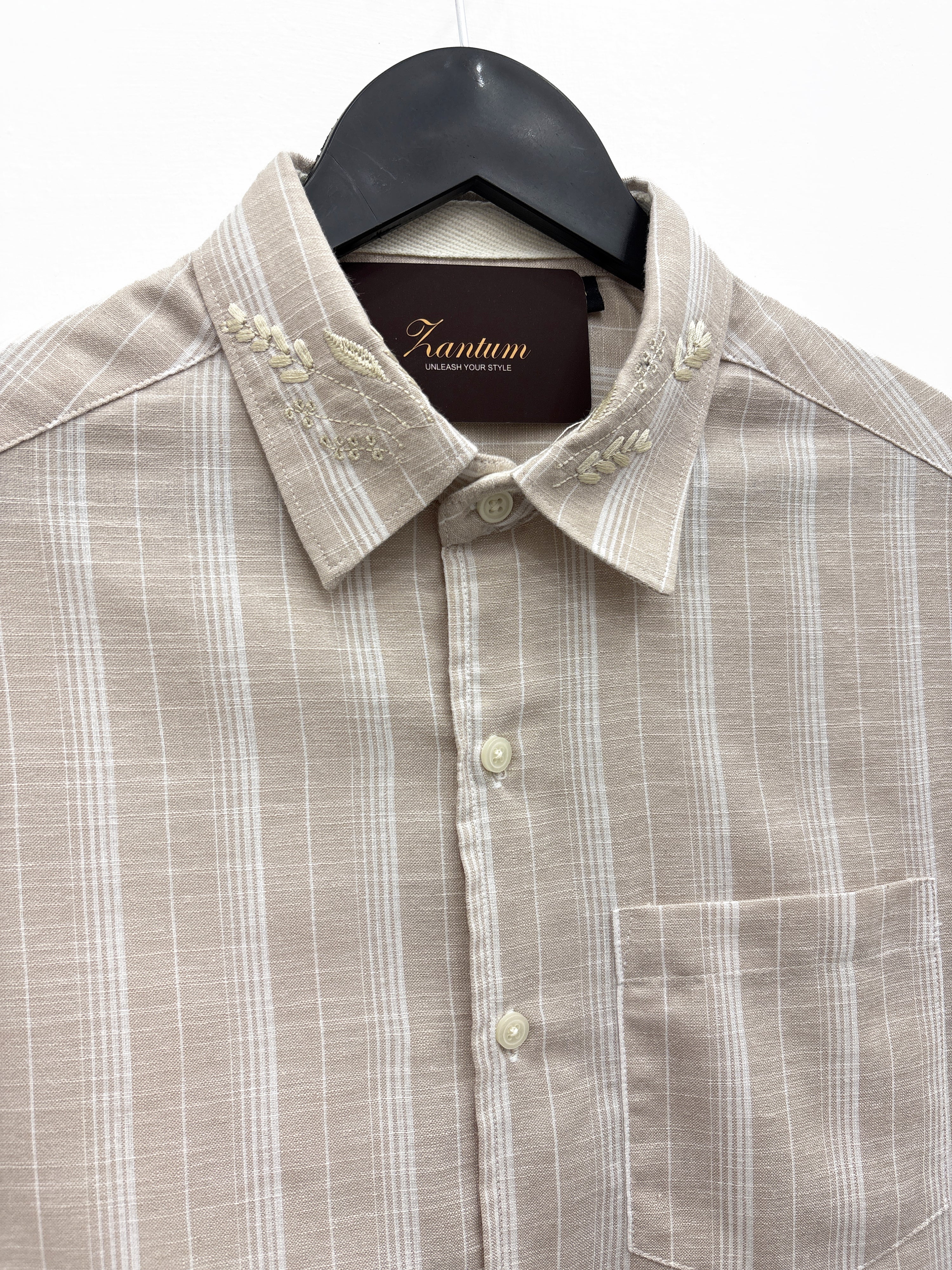 Beige Half Linen Stripe Neck Embroidery Shirt