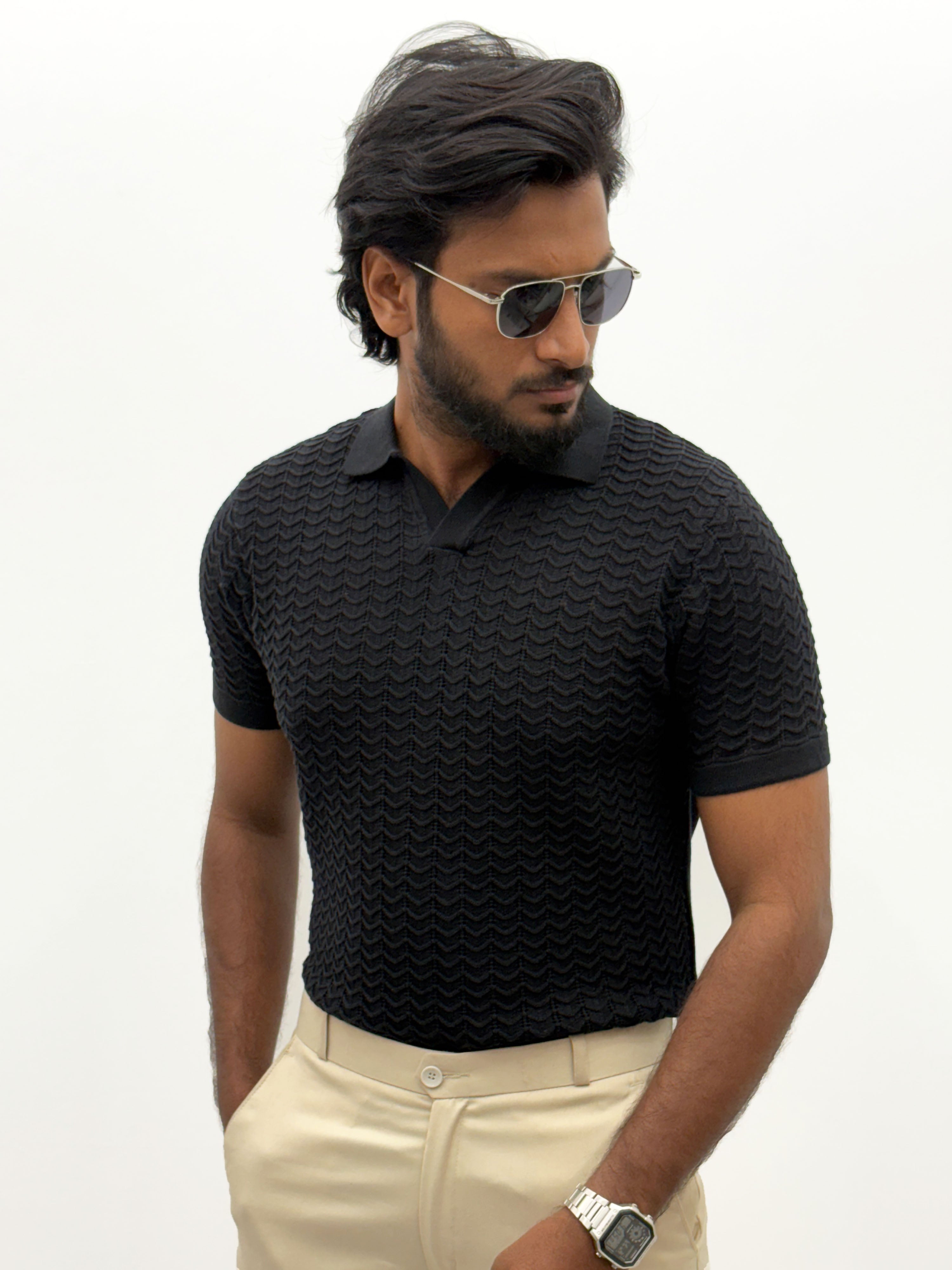 Black Textured Polo T-Shirt