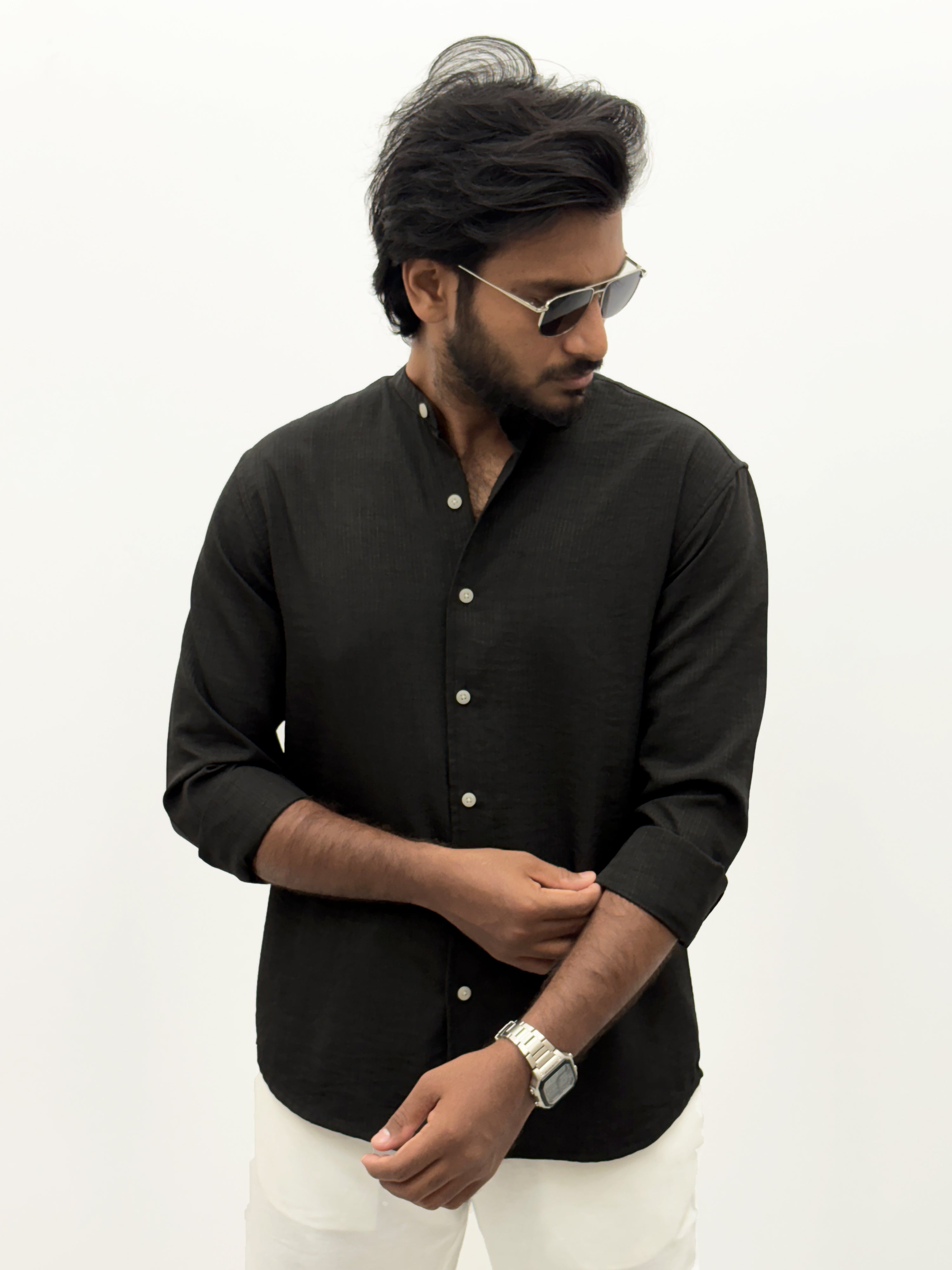 Black Mandarin Collar Textured Shirt