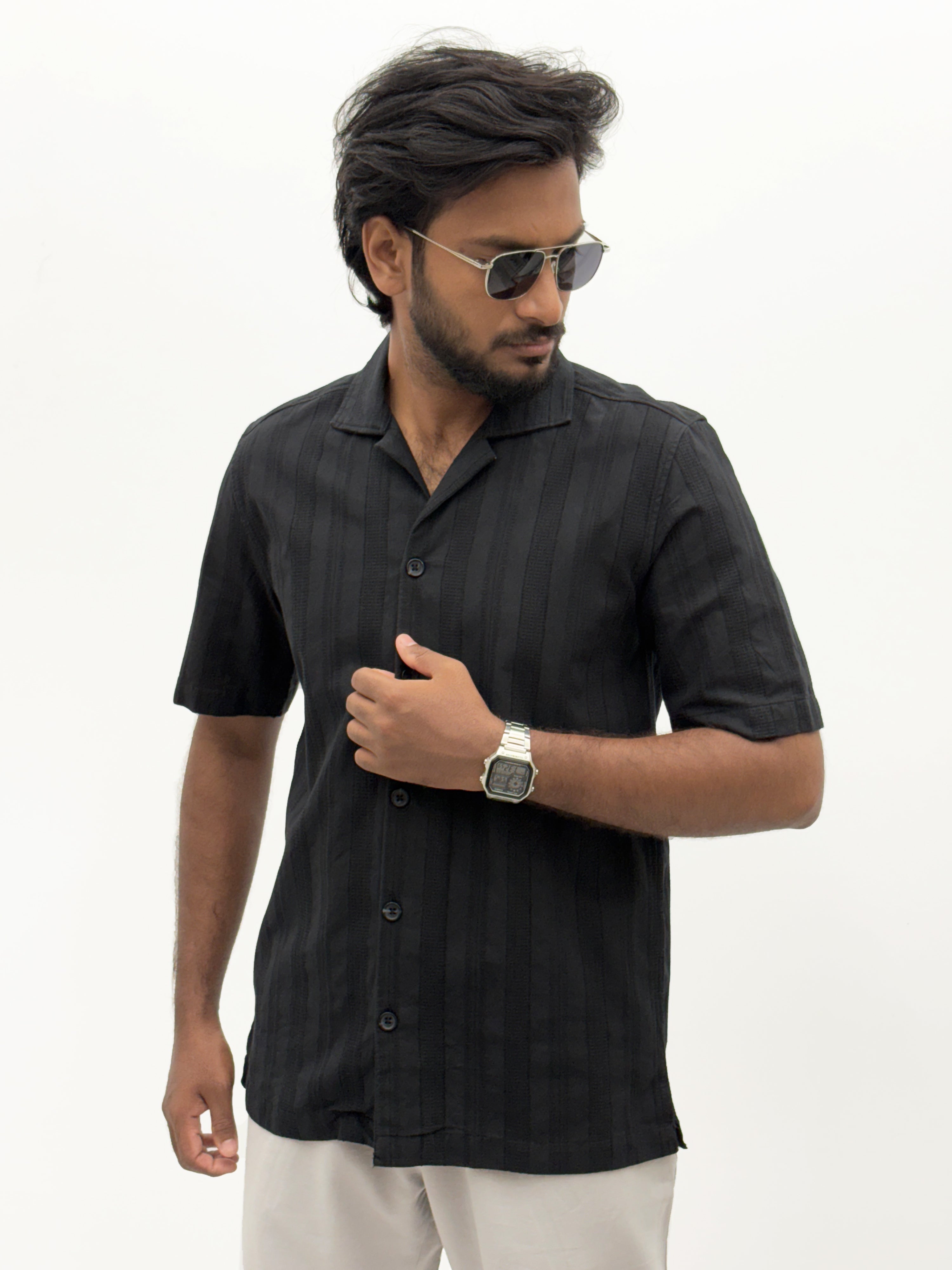 Black Half Sleeve Textured Shirt
