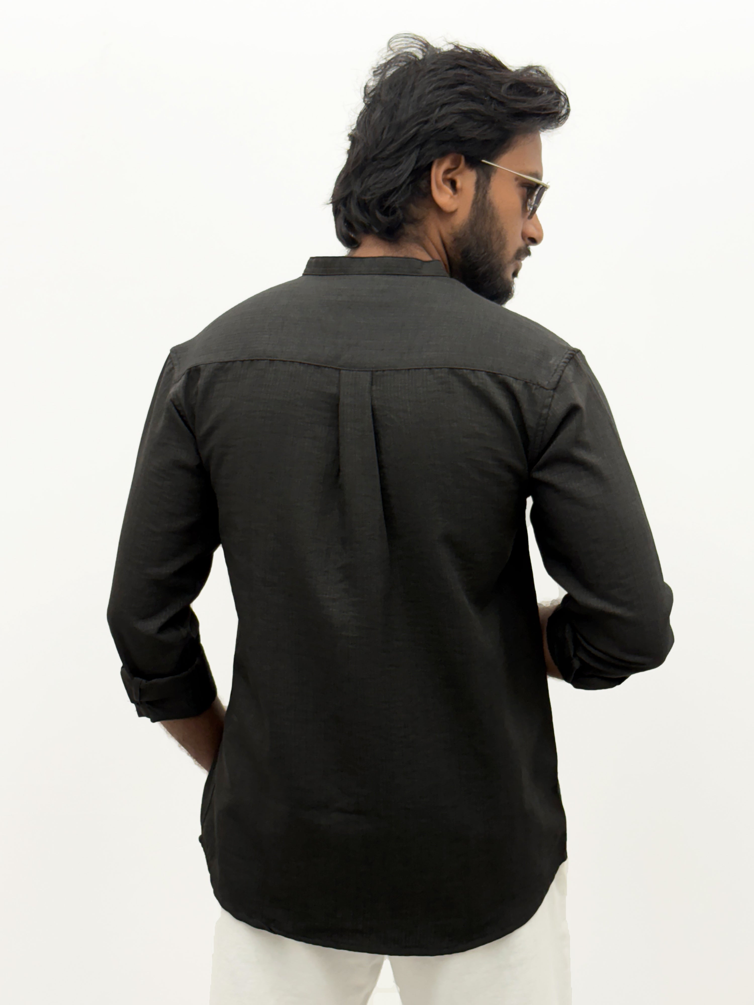 Black Mandarin Collar Textured Shirt