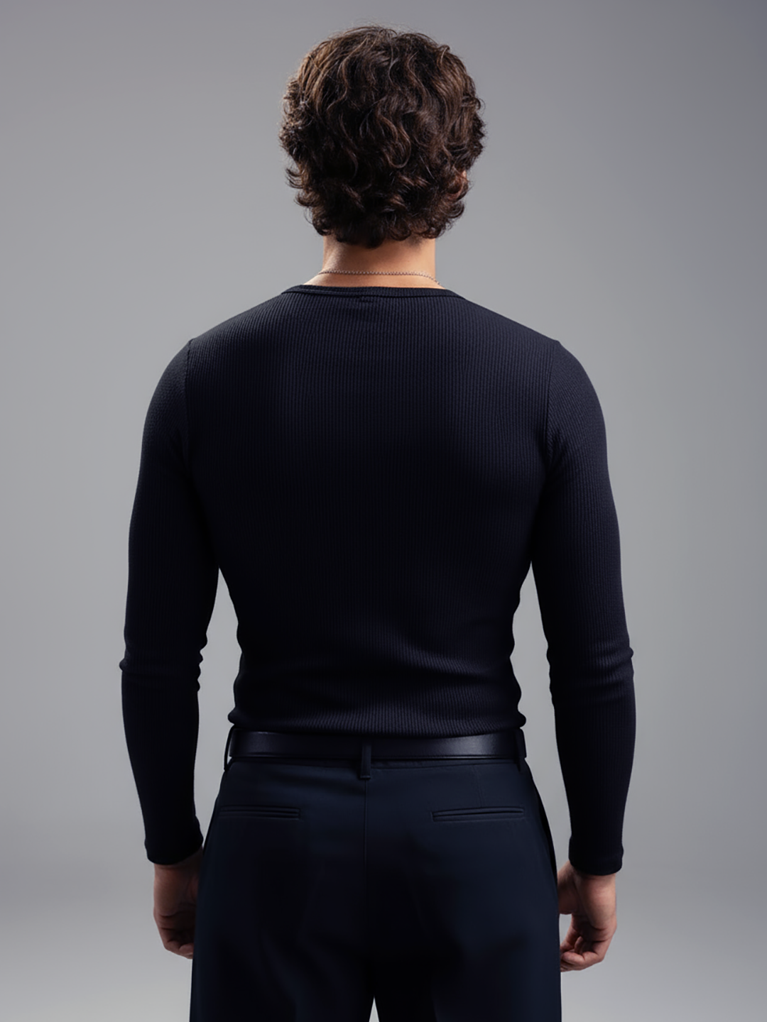 Black Ribbed Henley Long Sleeve T-Shirt